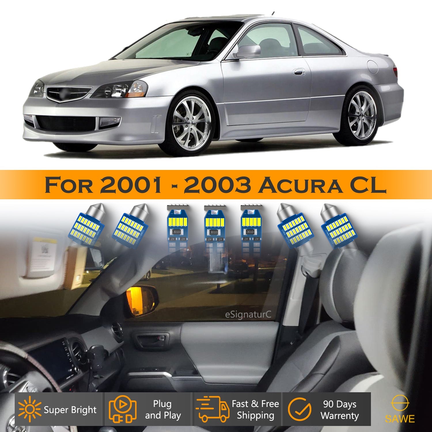 For Acura CL Interior LED Lights - Dome & Map Light Bulbs Package Kit for 2001 - 2003 - White SAWE Lighting