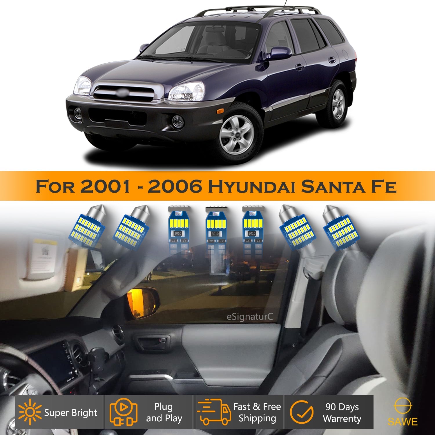 For Hyundai Santa Fe Interior LED Lights - Dome & Map Light Bulbs Package Kit for 2001 - 2006 - White SAWE Lighting