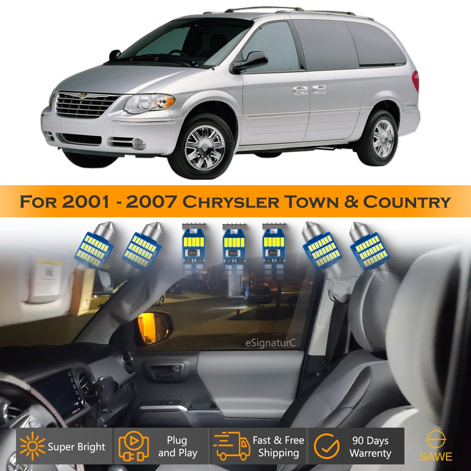 For Chrysler Town Country Interior LED Lights - Dome & Map Light Bulbs Package Kit for 2001 - 2007 - White SAWE Lighting