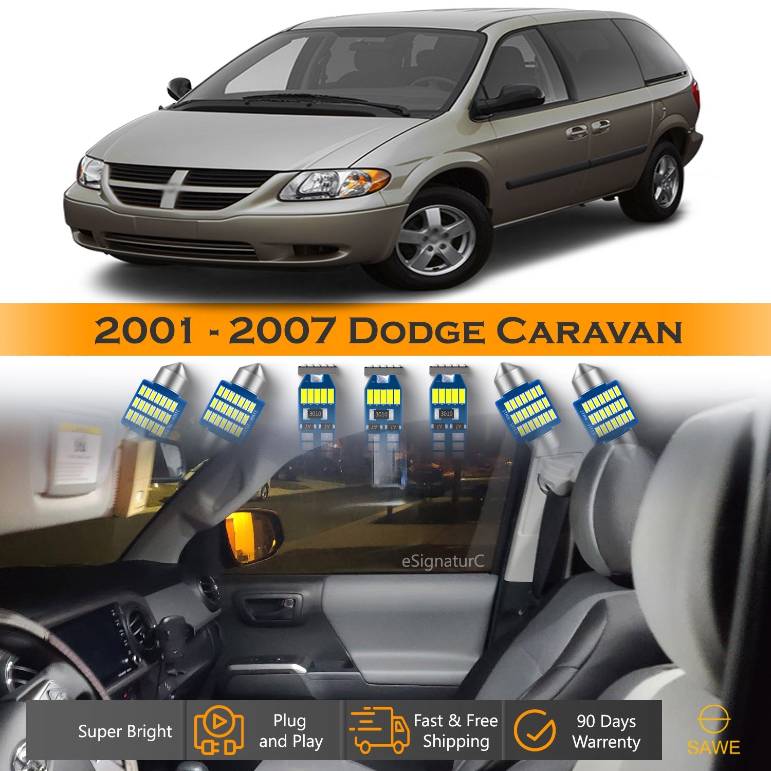 For Dodge Caravan Interior LED Lights - Dome & Map Lights Package Kit for 2001 - 2007 - White SAWE Lighting
