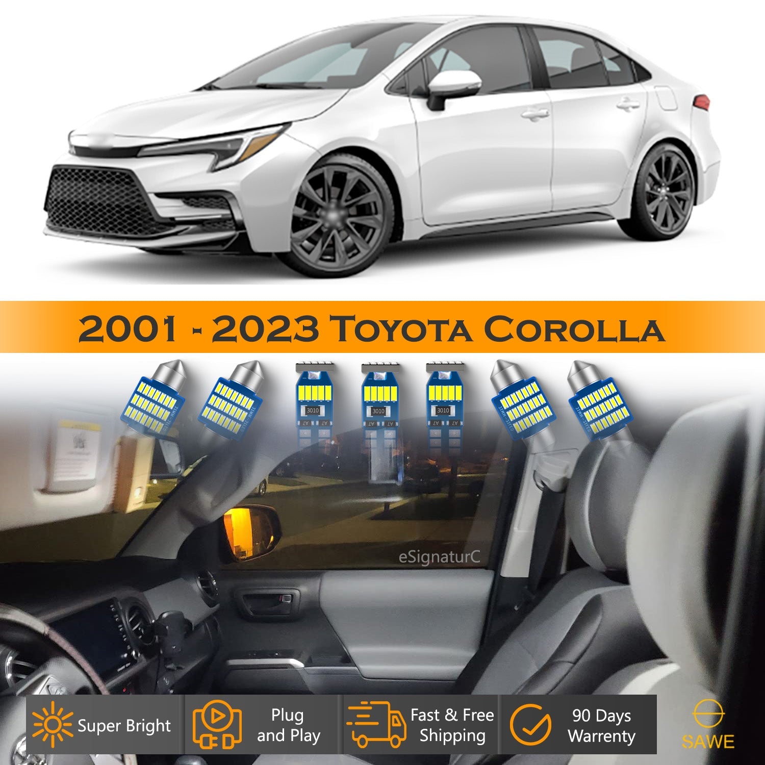 For Toyota Corolla Interior LED Lights - Dome & Map Lights Package Kit for 2001 - 2024 - White SAWE Lighting