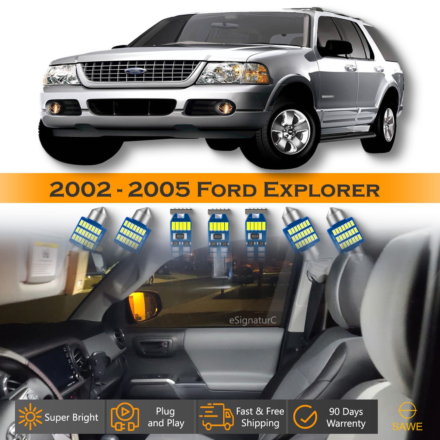For Ford Explorer Interior LED Lights - Dome & Map Light Bulbs Package Kit for 2002 - 2005 - White SAWE Lighting