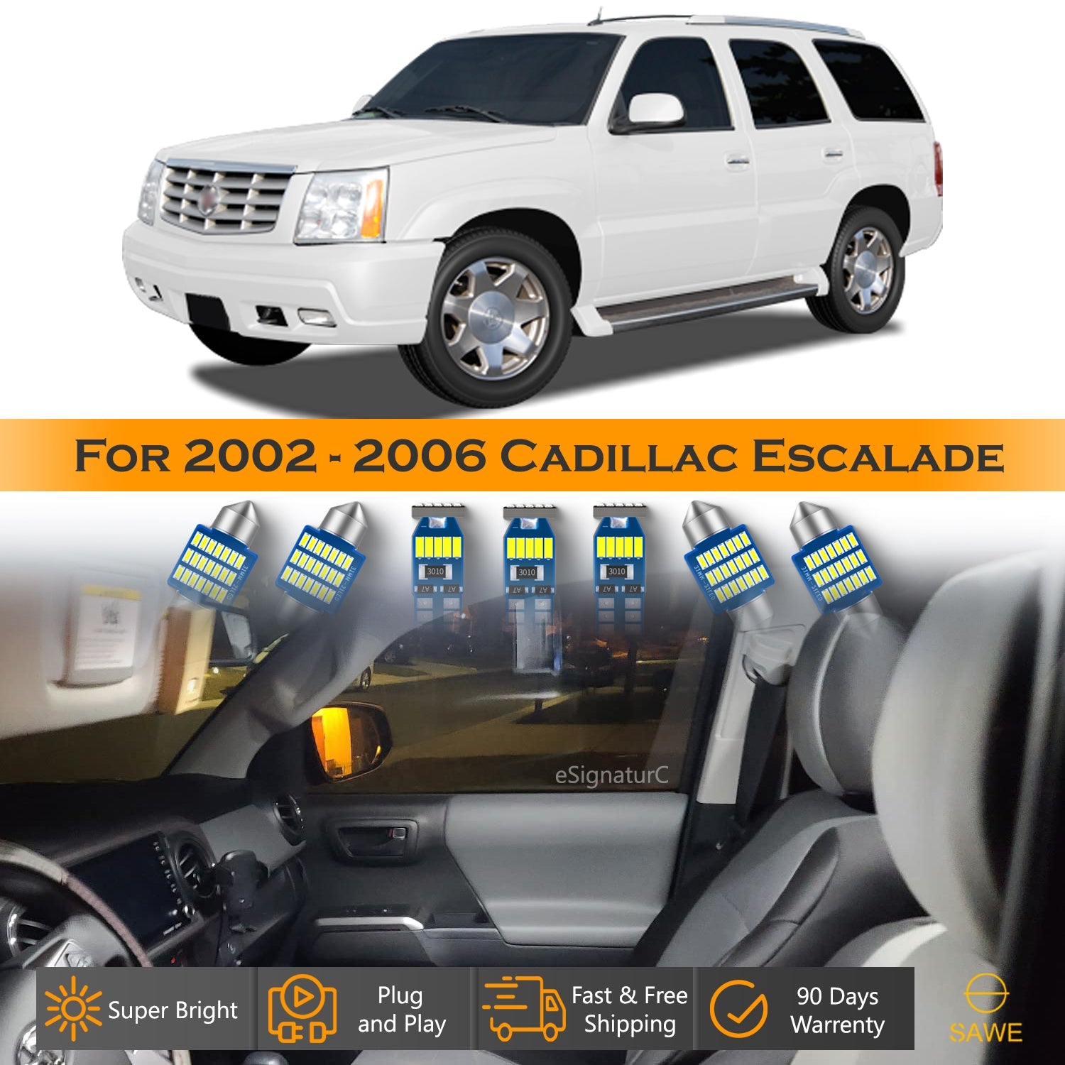 For Cadillac Escalade Interior LED Lights - Dome & Map Light Bulbs Package Kit for 2002 - 2006 - White SAWE Lighting