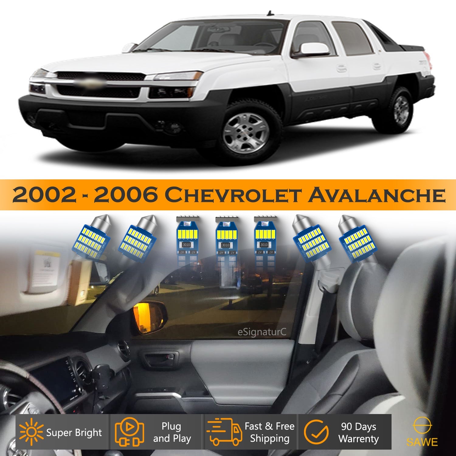 For Chevrolet Avalanche Interior LED Lights - Dome & Map Lights Package Kit for 2002 - 2006 - White SAWE Lighting