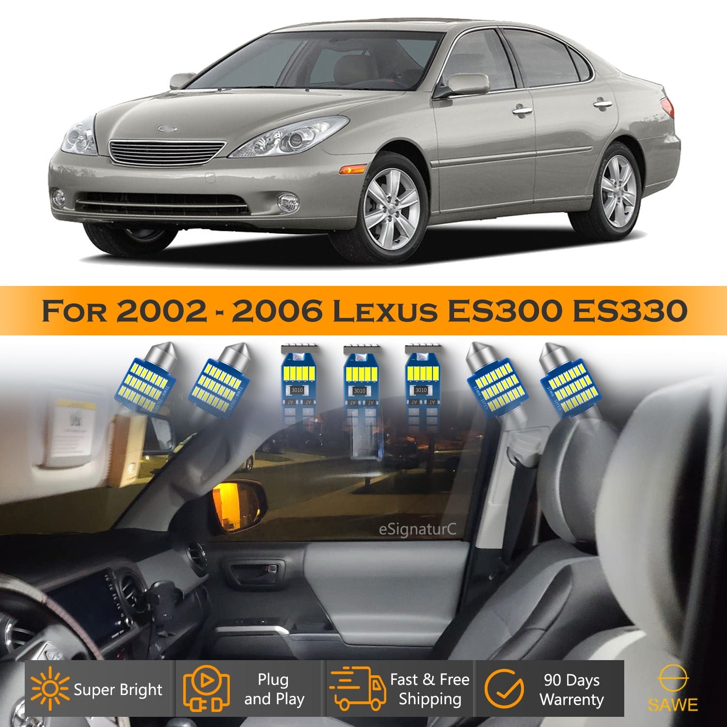 For Lexus ES330 ES300 Interior LED Lights - Dome & Map Light Bulbs Package Kit for 2002 - 2006 - White SAWE Lighting