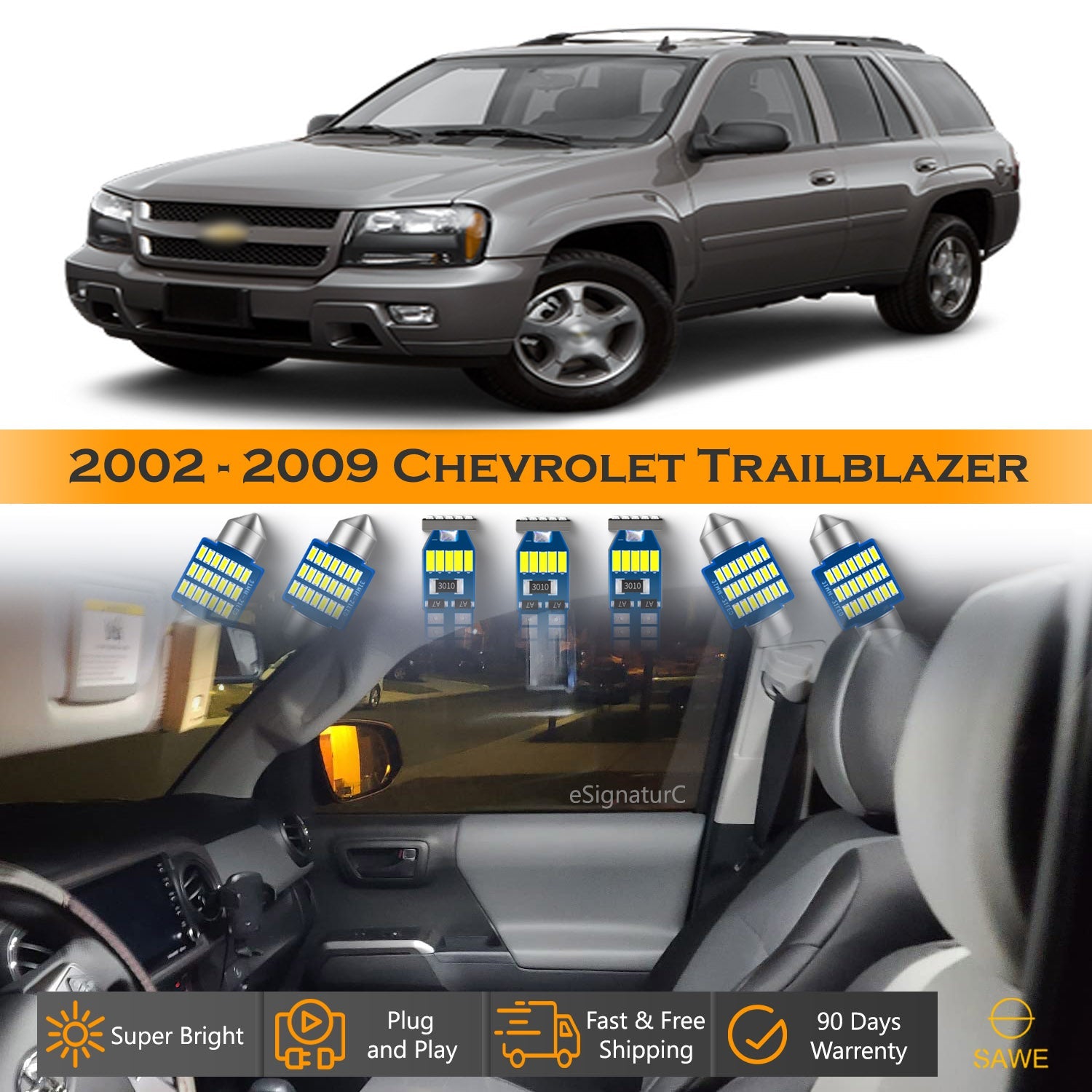 For Chevrolet Trailblazer Interior LED Lights - Dome & Map Lights Package Kit for 2002 - 2009 - White SAWE Lighting