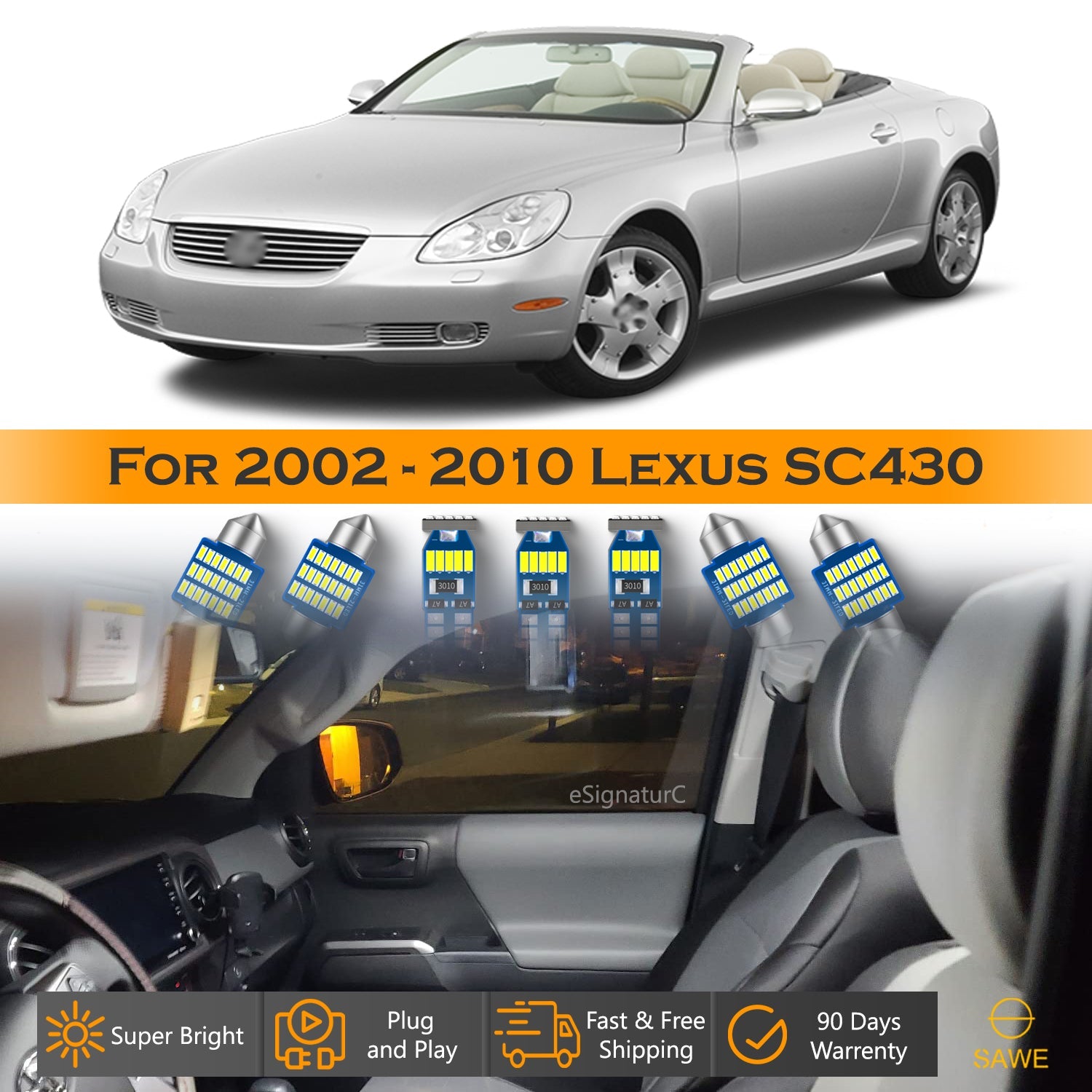 For Lexus SC430 Interior LED Lights - Dome & Map Light Bulbs Package Kit for 2002 - 2010 - White SAWE Lighting