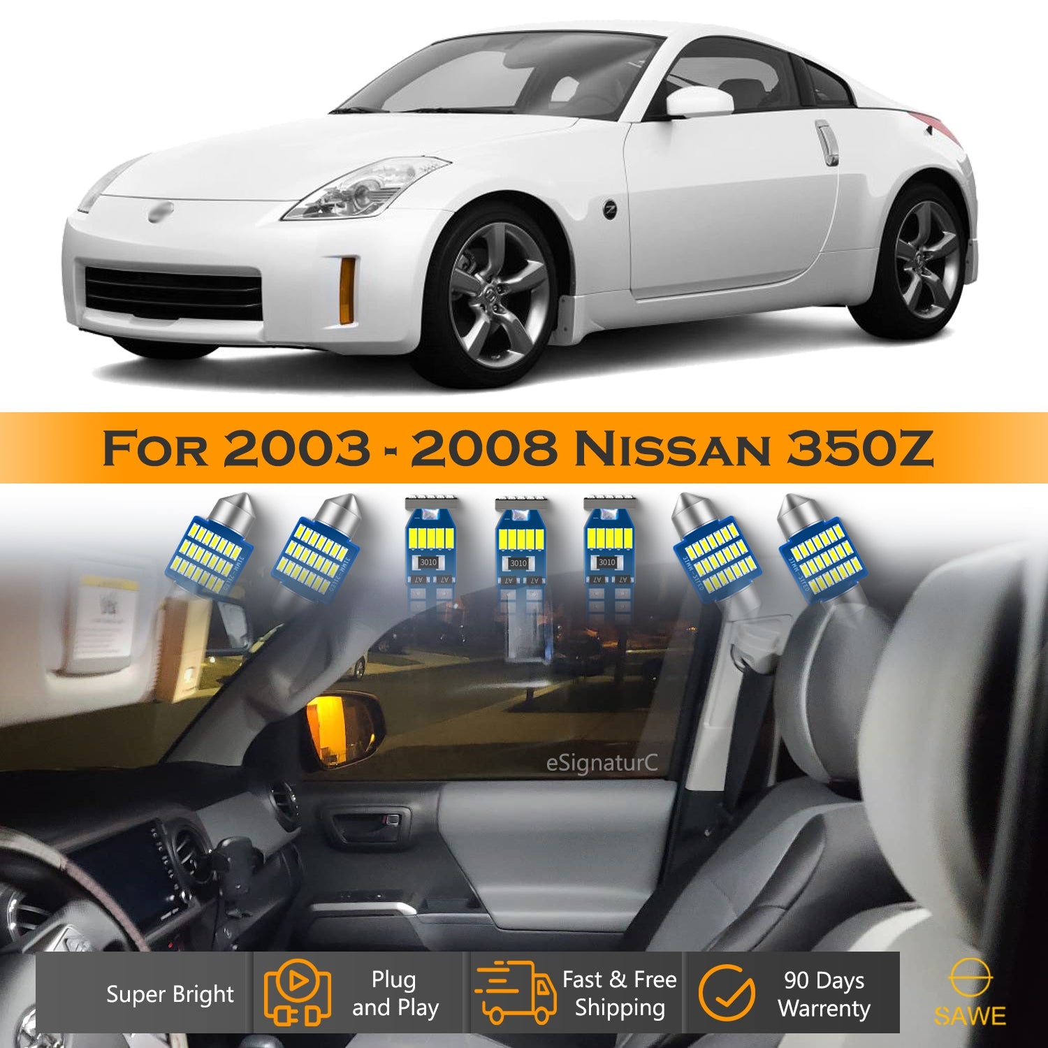 For Nissan 350Z Interior LED Lights - Dome & Map Light Bulbs Package Kit for 2003 - 2008 - White SAWE Lighting