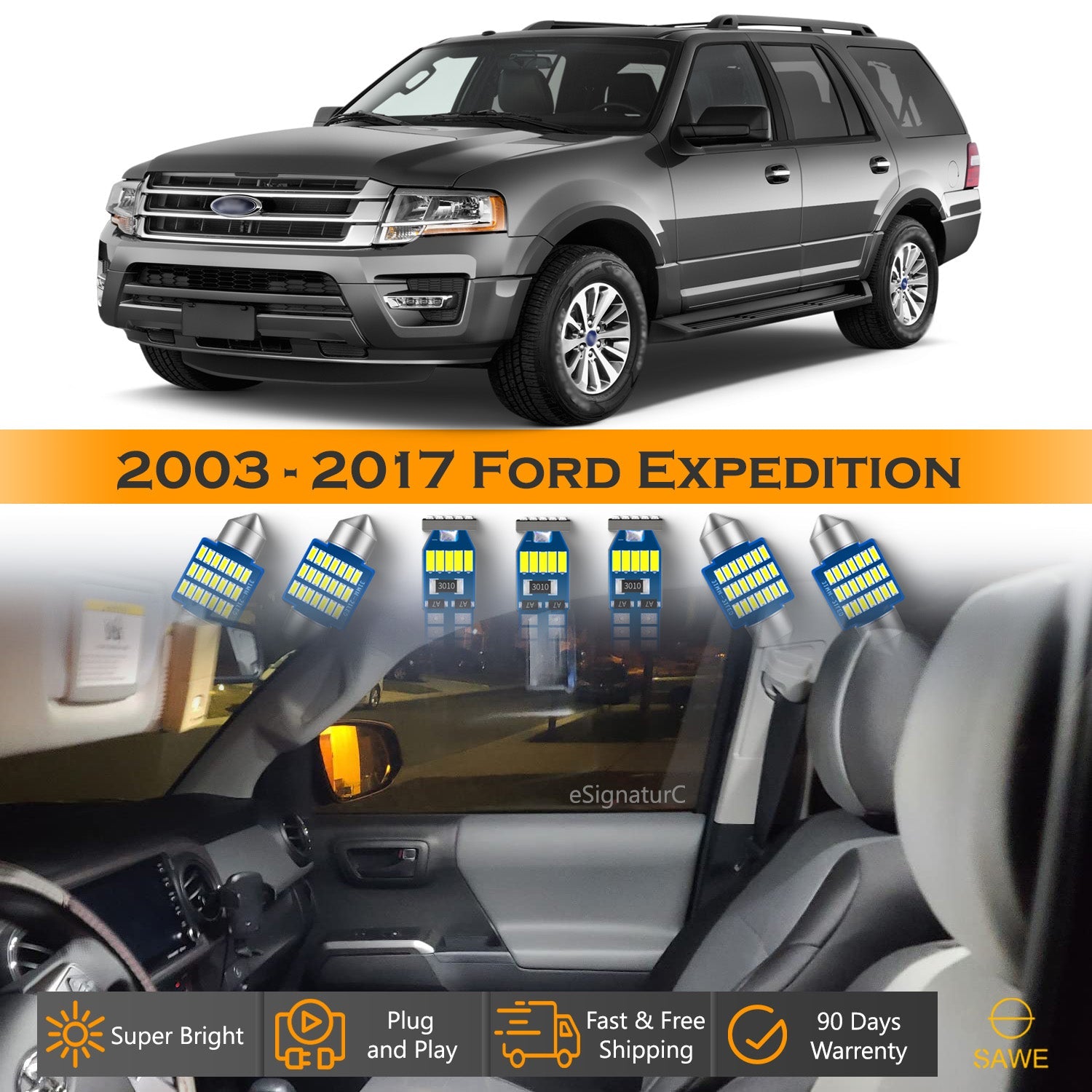 For Ford Expedition Interior LED Lights - Dome & Map Light Bulbs Package Kit for 2003 - 2017 - White SAWE Lighting
