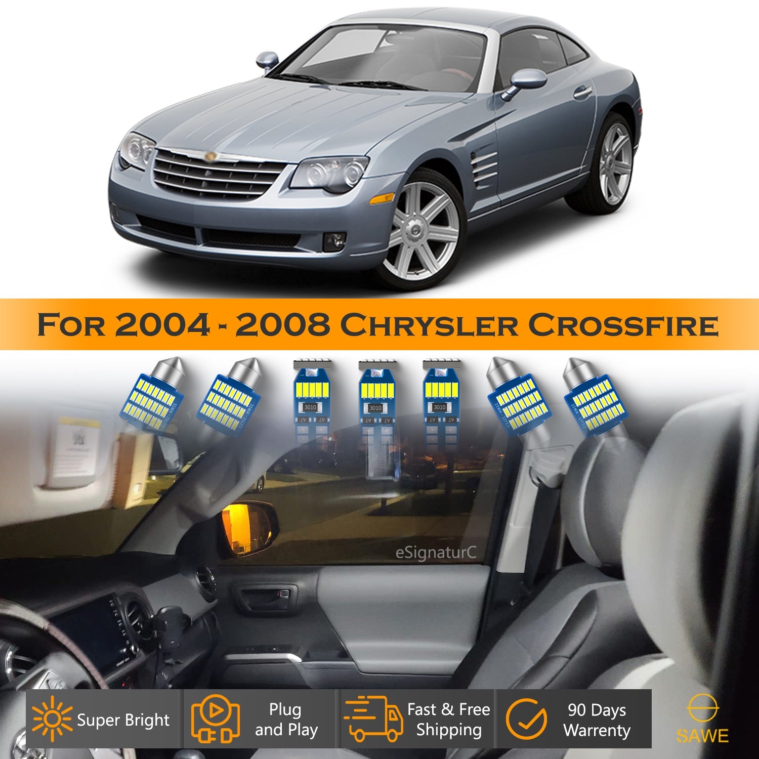 For Chrysler Crossfire Interior LED Lights - Dome & Map Light Bulbs Package Kit for 2004 - 2008 - White SAWE Lighting