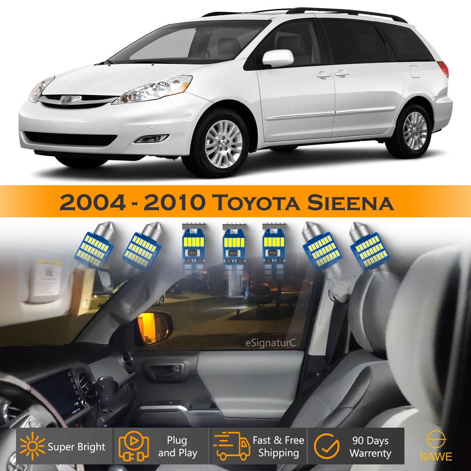 For Toyota Sienna Interior LED Lights - Dome & Map Lights Package Kit for 2004 - 2010 - White SAWE Lighting