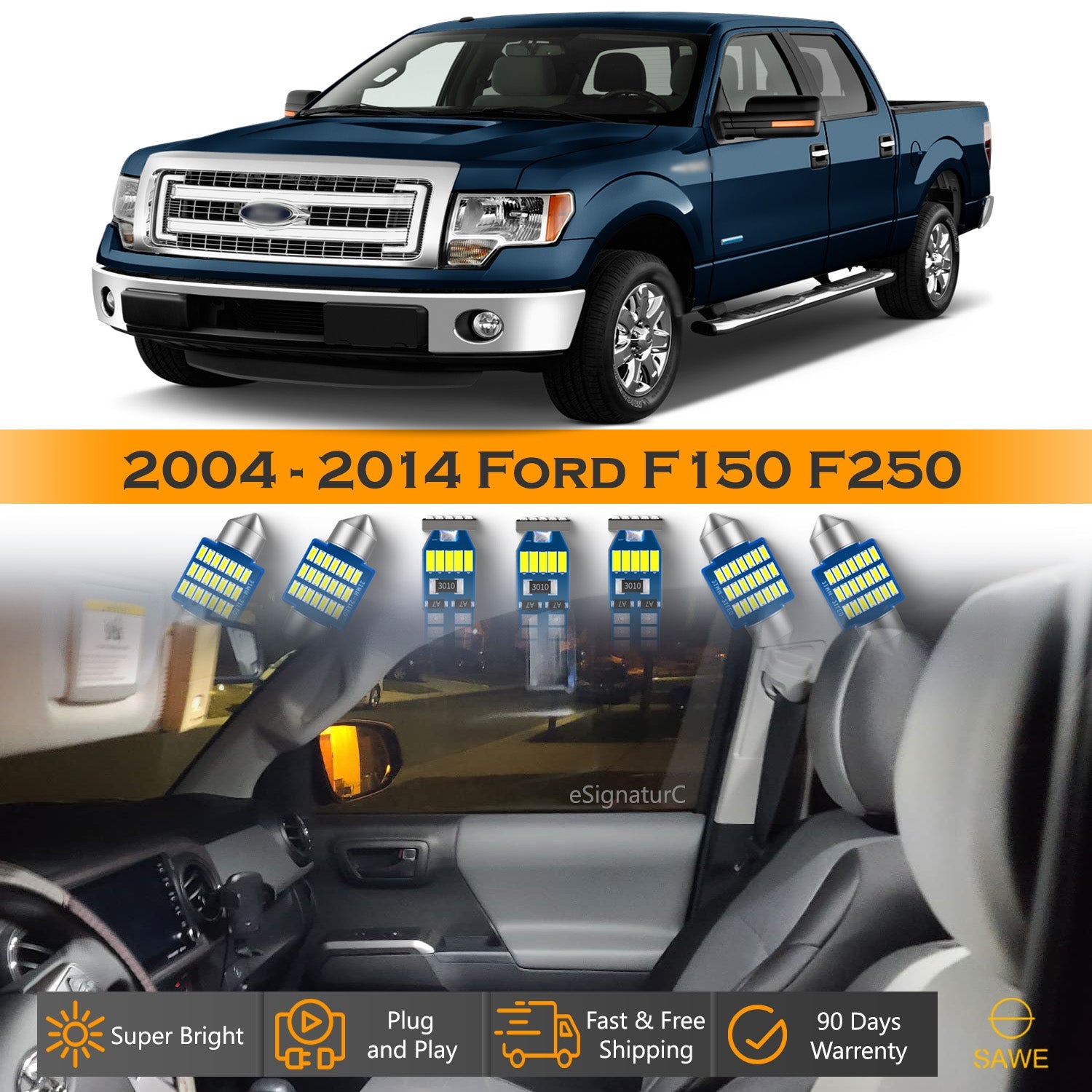 For Ford F150 F250 F350 Interior LED Lights - Dome & Map Light Bulbs Package Kit for 2004 - 2014 - White SAWE Lighting