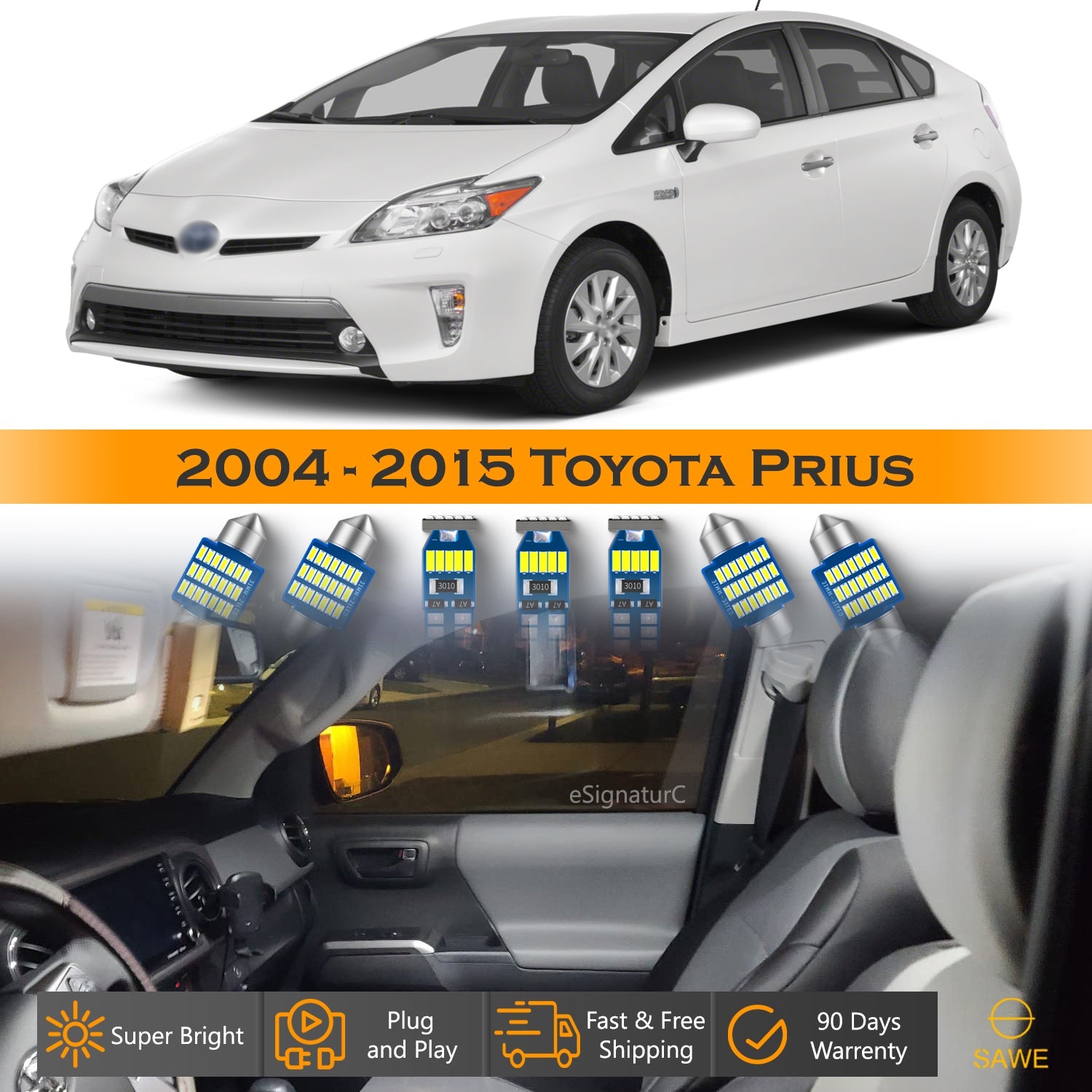 For Toyota Prius Interior LED Lights - Dome & Map Lights Package Kit for 2004 - 2015 - White SAWE Lighting