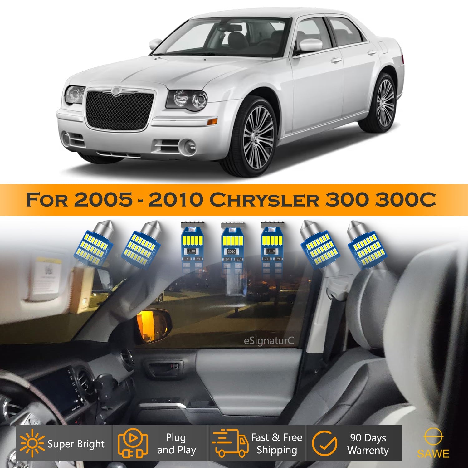 For Chrysler 300 300C Interior LED Lights - Dome & Map Light Bulbs Package Kit for 2005 - 2010 - White SAWE Lighting