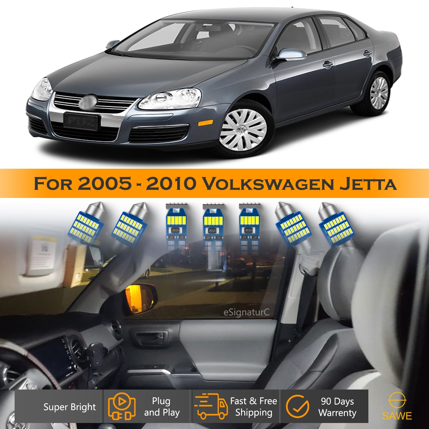For Volkswagen Jetta Interior LED Lights - Dome & Map Light Bulbs Package Kit for 2005 - 2010 - White SAWE Lighting