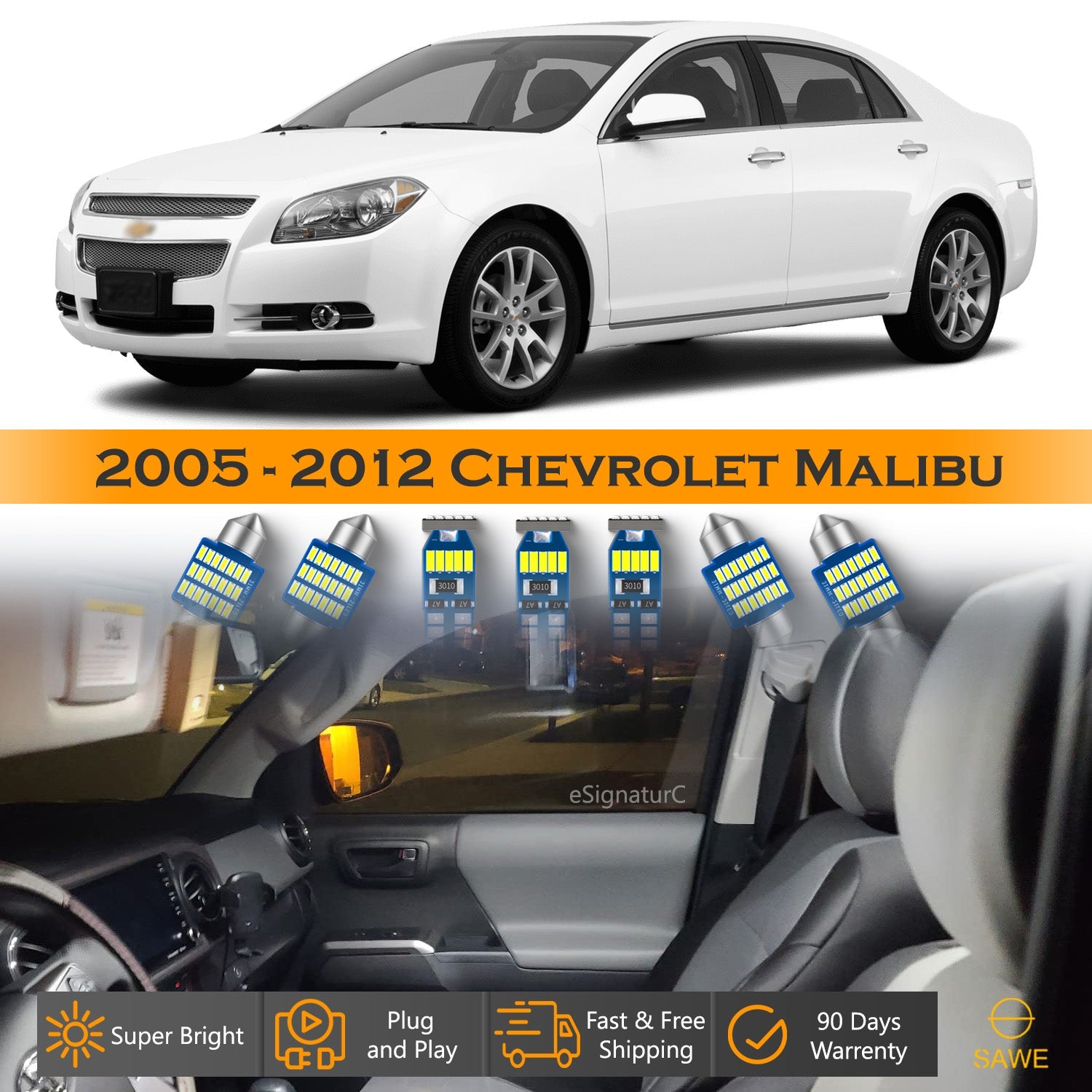 For Chevrolet Malibu Interior LED Lights - Dome & Map Lights Package Kit for 2005 - 2012 - White SAWE Lighting