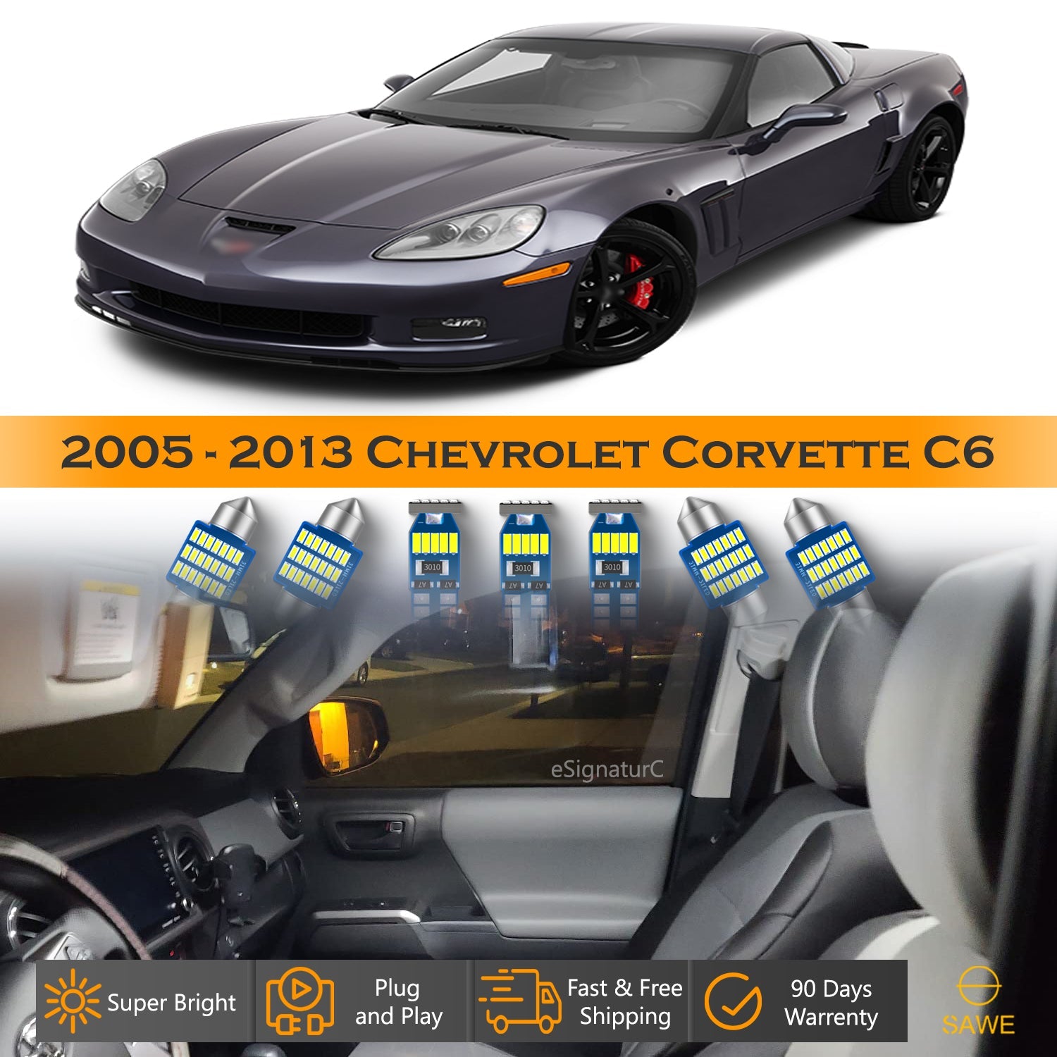 For Chevrolet Corvette C6 Interior LED Lights - Dome & Map Lights Package Kit for 2005 - 2013 - White SAWE Lighting