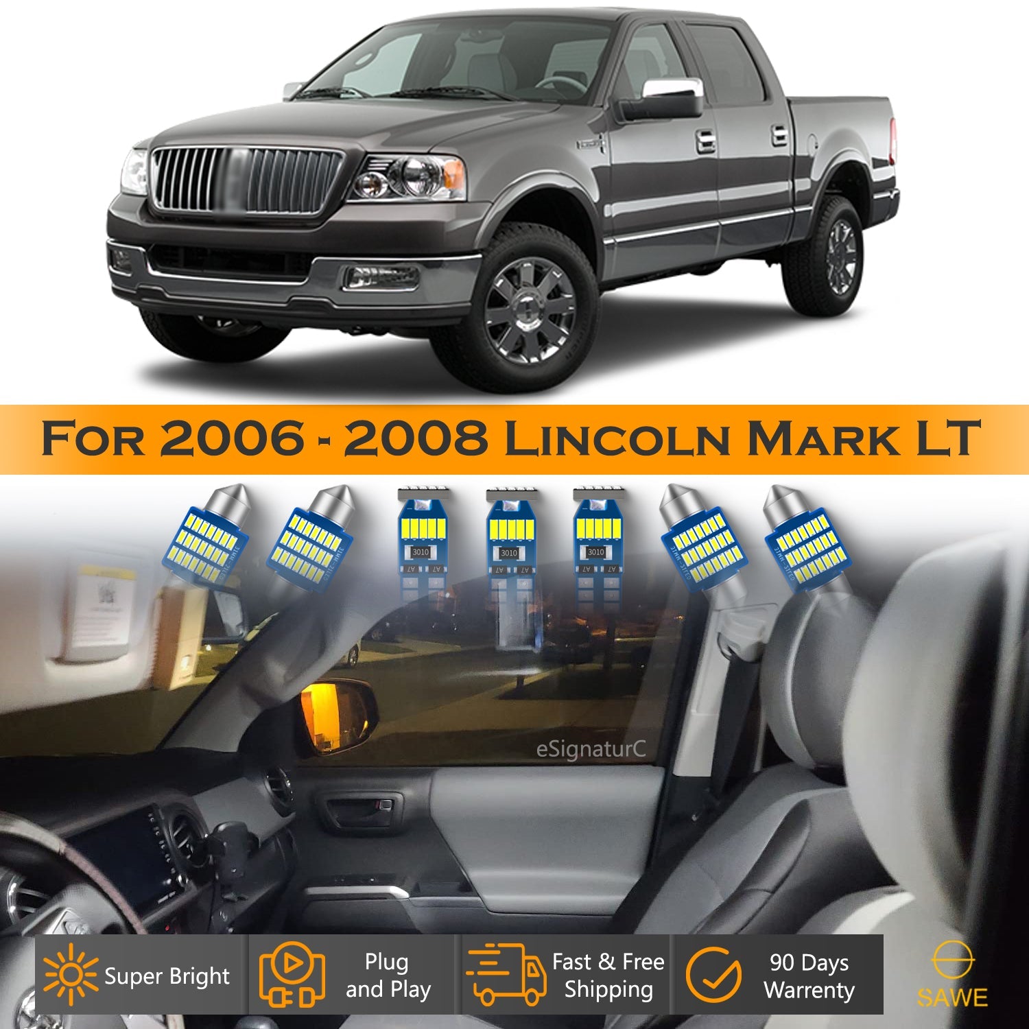 For Lincoln Mark LT Interior LED Lights - Dome & Map Light Bulb Package Kit for 2006 - 2008 - White SAWE Lighting