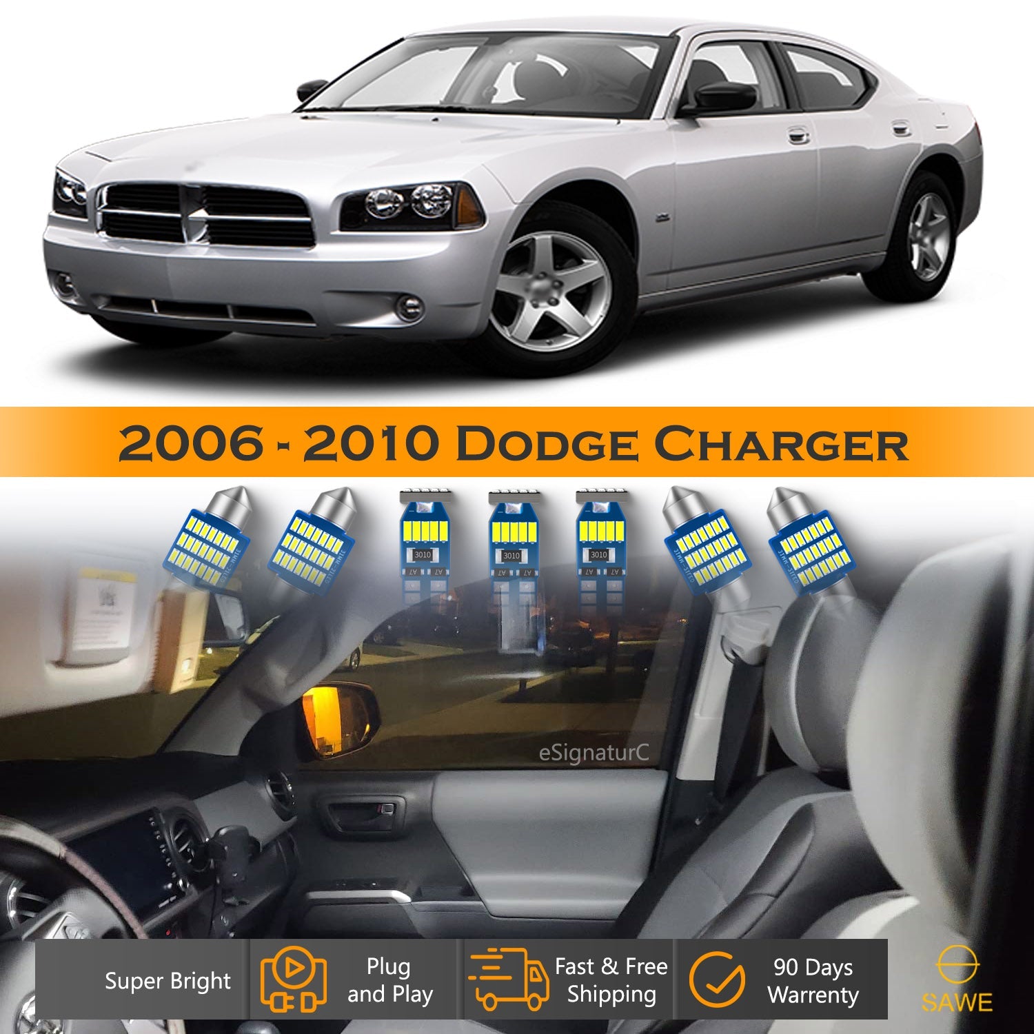 For Dodge Charger Interior LED Lights - Dome & Map Lights Package Kit for 2006 - 2010 - White SAWE Lighting