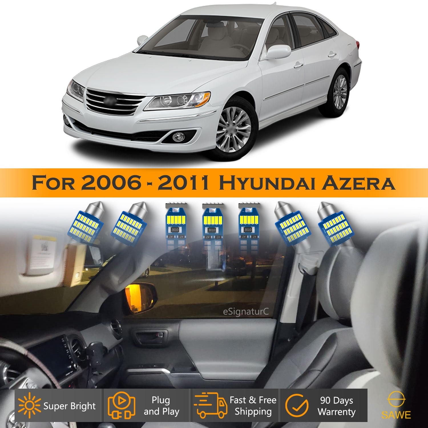 For Hyundai Azera Interior LED Lights - Dome & Map Light Bulbs Package Kit for 2006 - 2011 - White SAWE Lighting