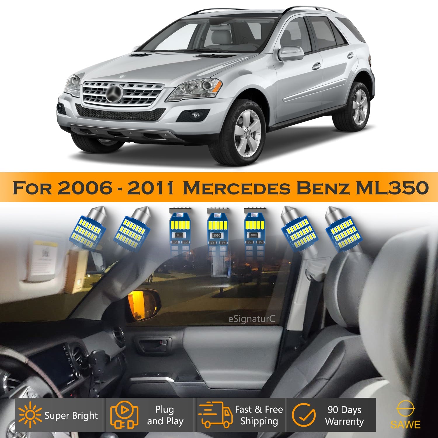 For Mercedes Benz ML350 ML550 Interior LED Lights - Dome & Map Light Bulb Package Kit for 2006 - 2011 - White SAWE Lighting