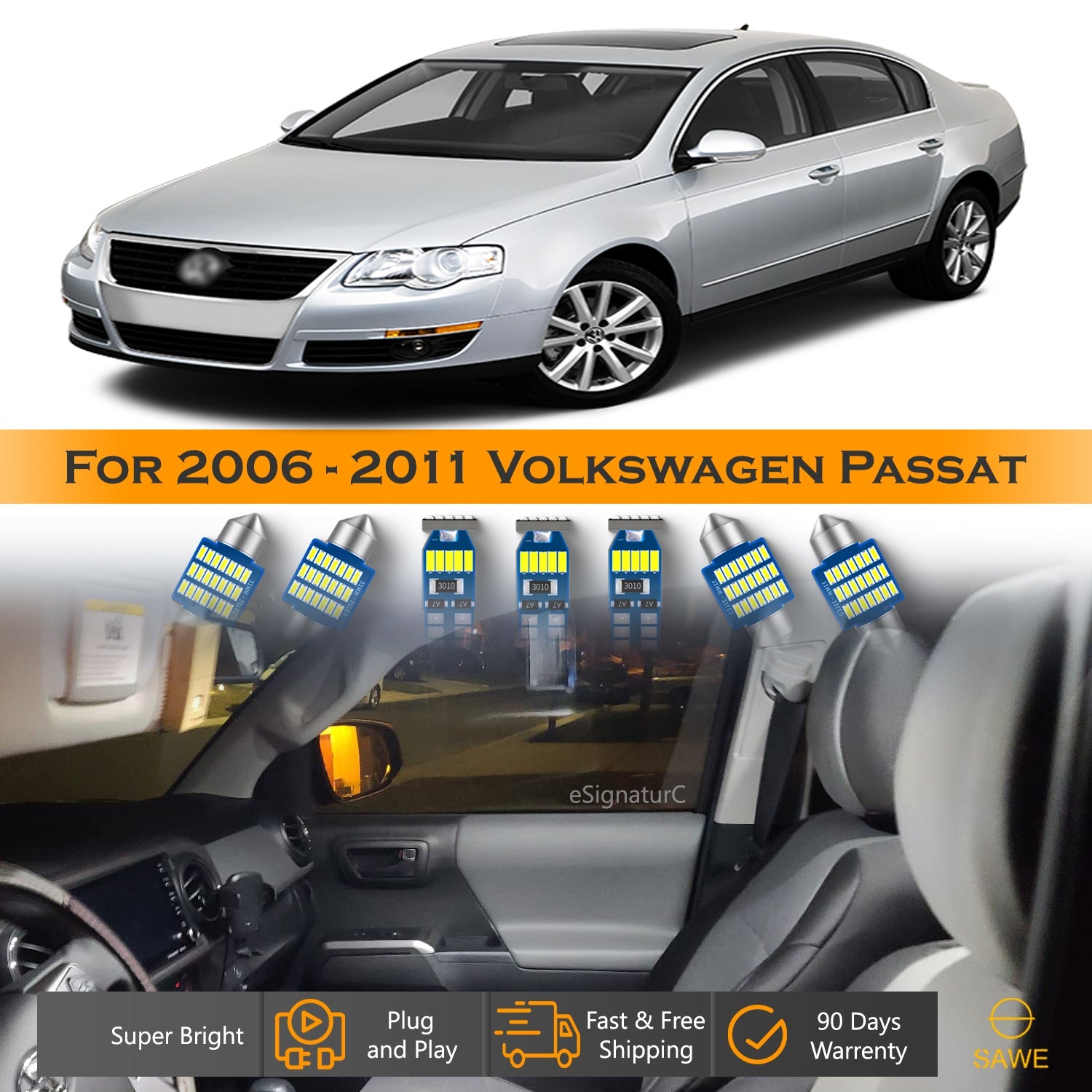 For Volkswagen Passat Interior LED Lights - Dome & Map Light Bulbs Package Kit for 2006 - 2011 - White SAWE Lighting