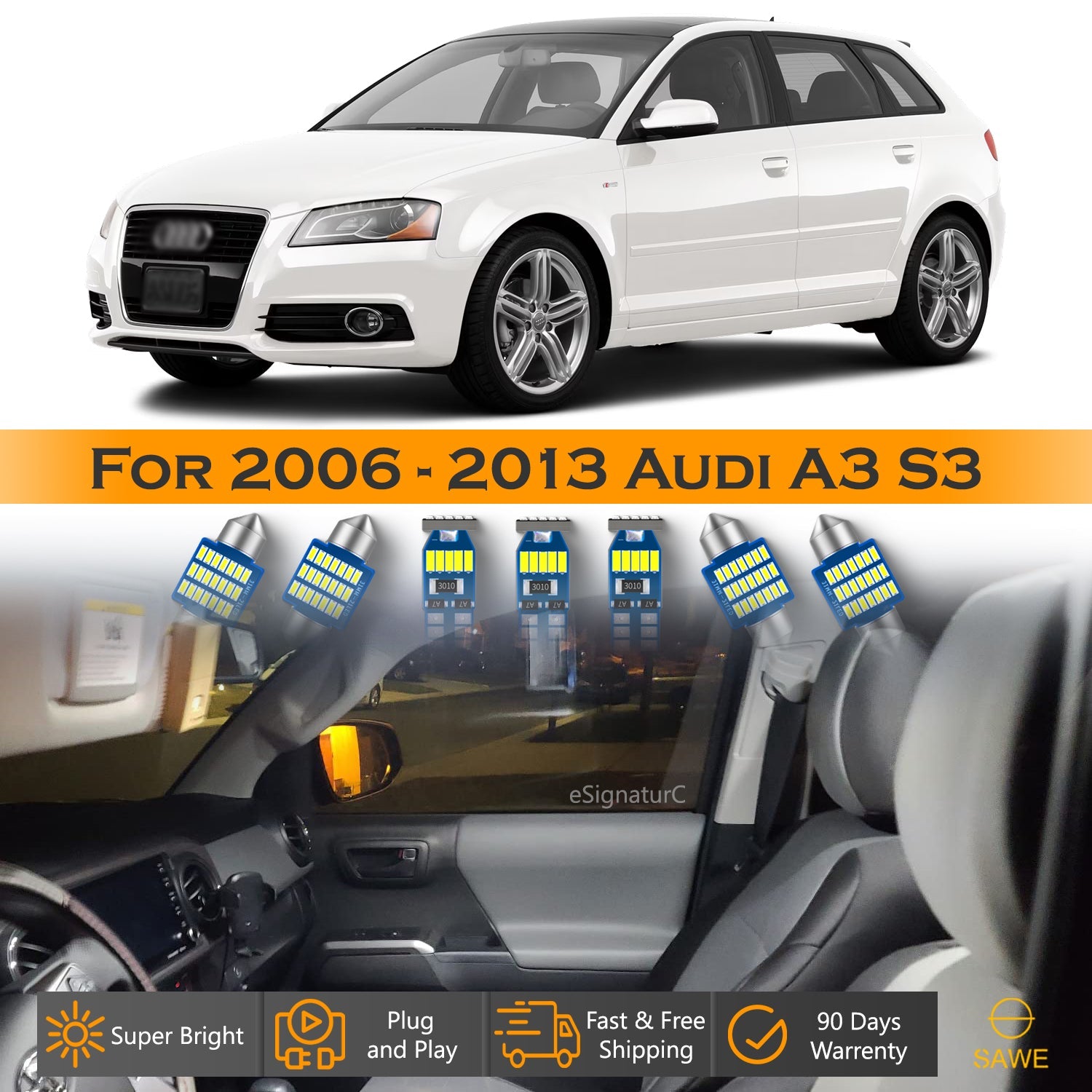 For Audi A3 S3 Interior LED Lights - Dome & Map Light Bulbs Package Kit for 2006 - 2013 - White SAWE Lighting