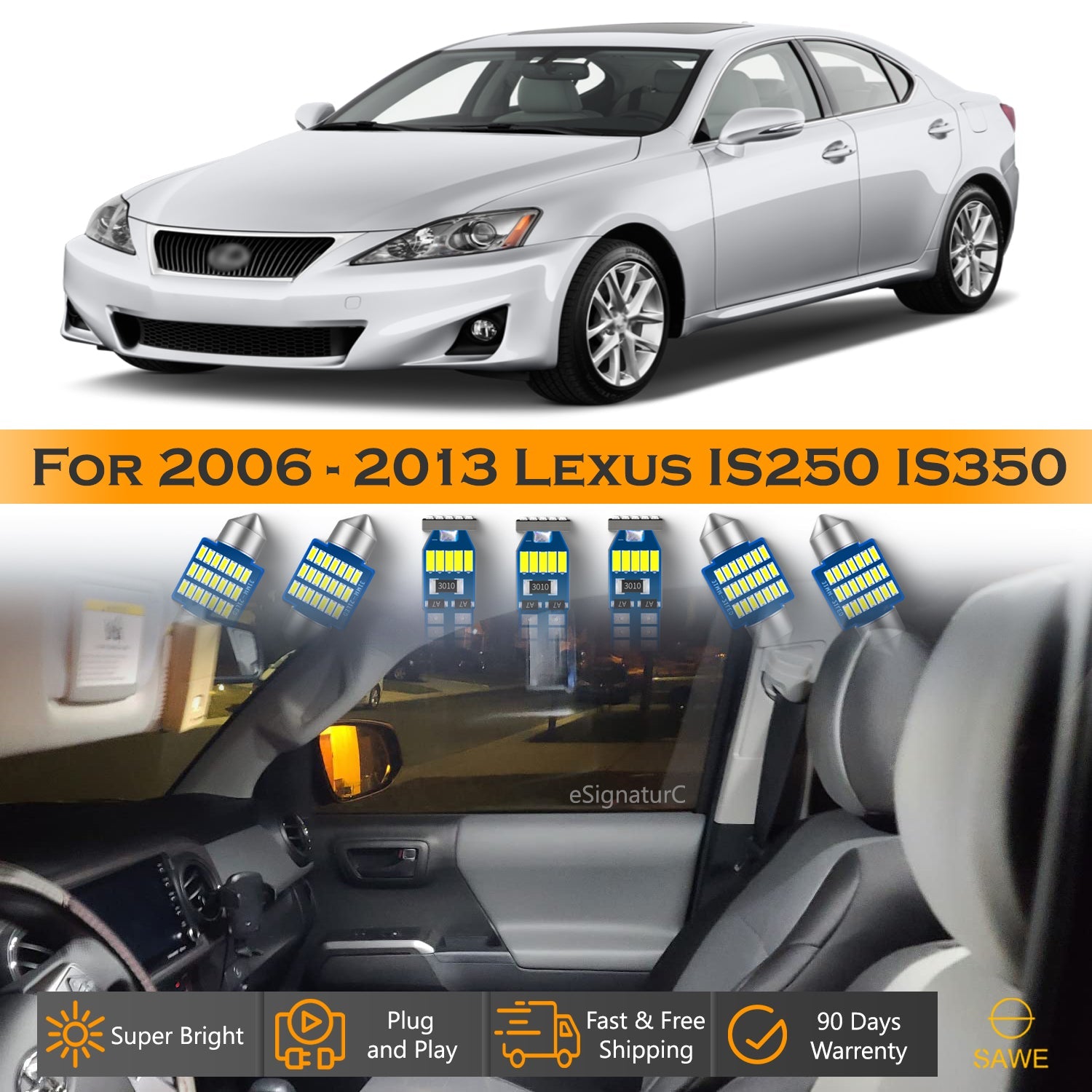 For Lexus IS250 IS350 ISF Interior LED Lights - Dome & Map Light Bulbs Package Kit for 2006 - 2013 - White SAWE Lighting