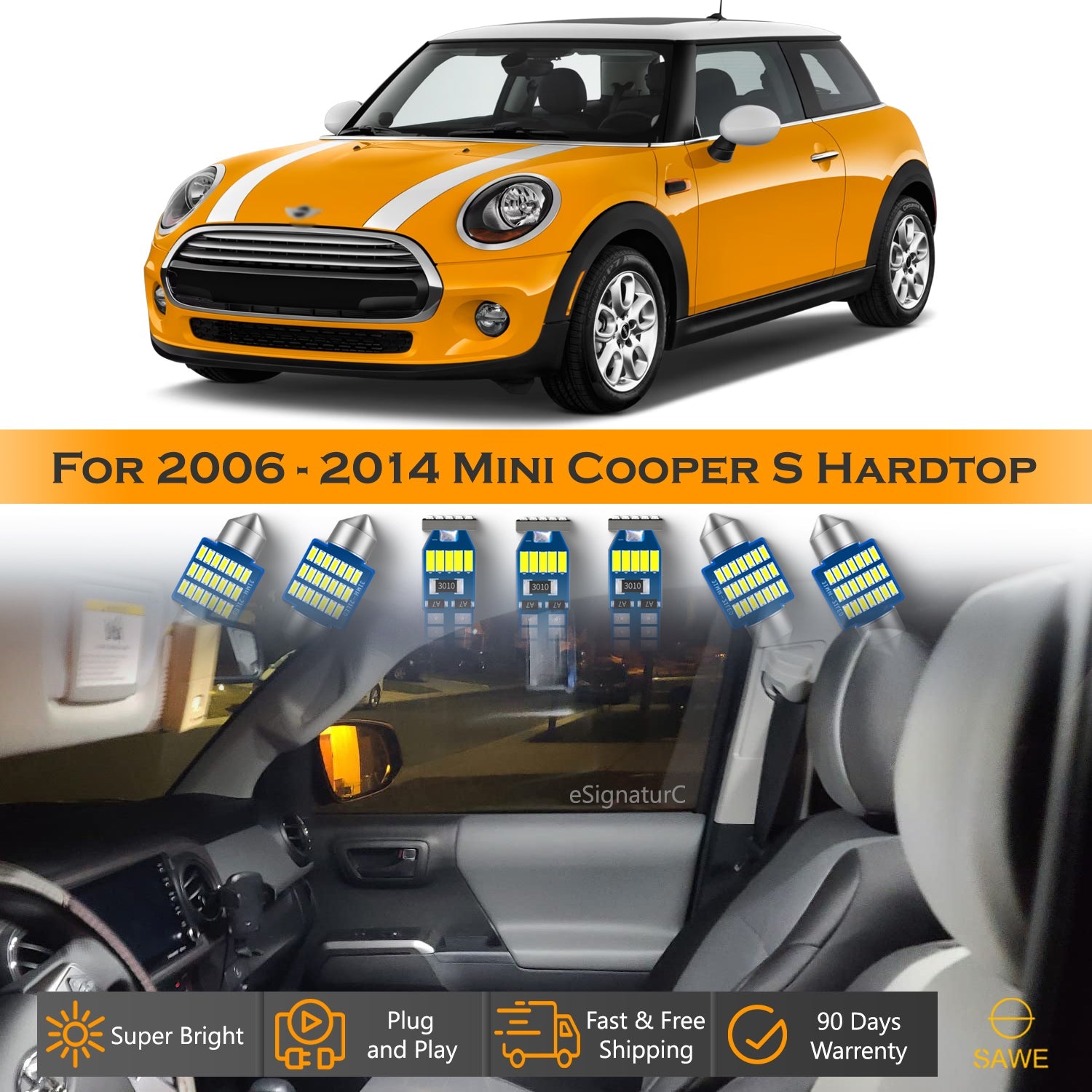 For Mini Cooper S Hardtop Interior LED Lights - Dome & Map Light Bulb Package Kit for 2006 - 2014 - White SAWE Lighting