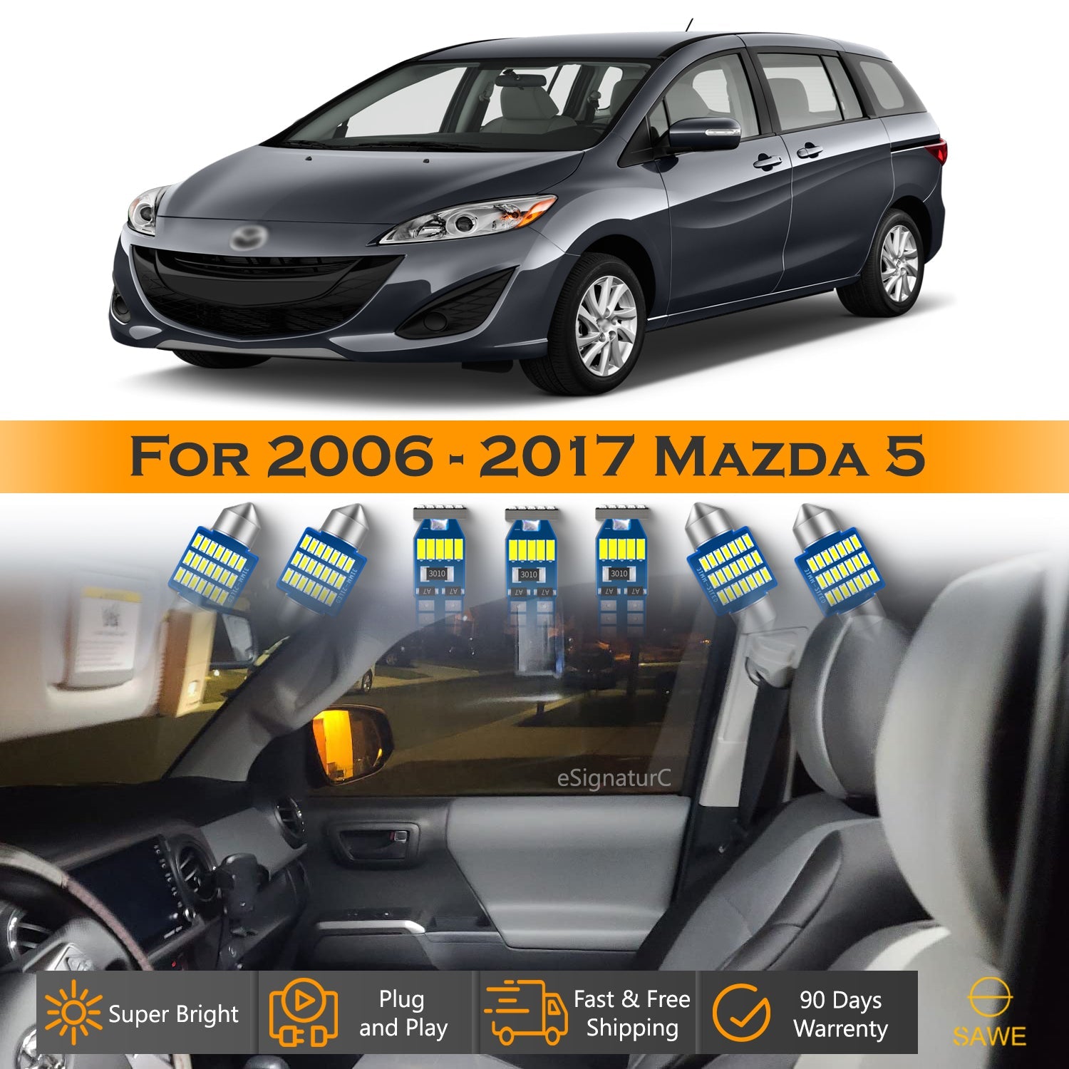 For Mazda 5 Interior LED Lights - Dome & Map Light Bulbs Package Kit for 2006 - 2017 - White SAWE Lighting