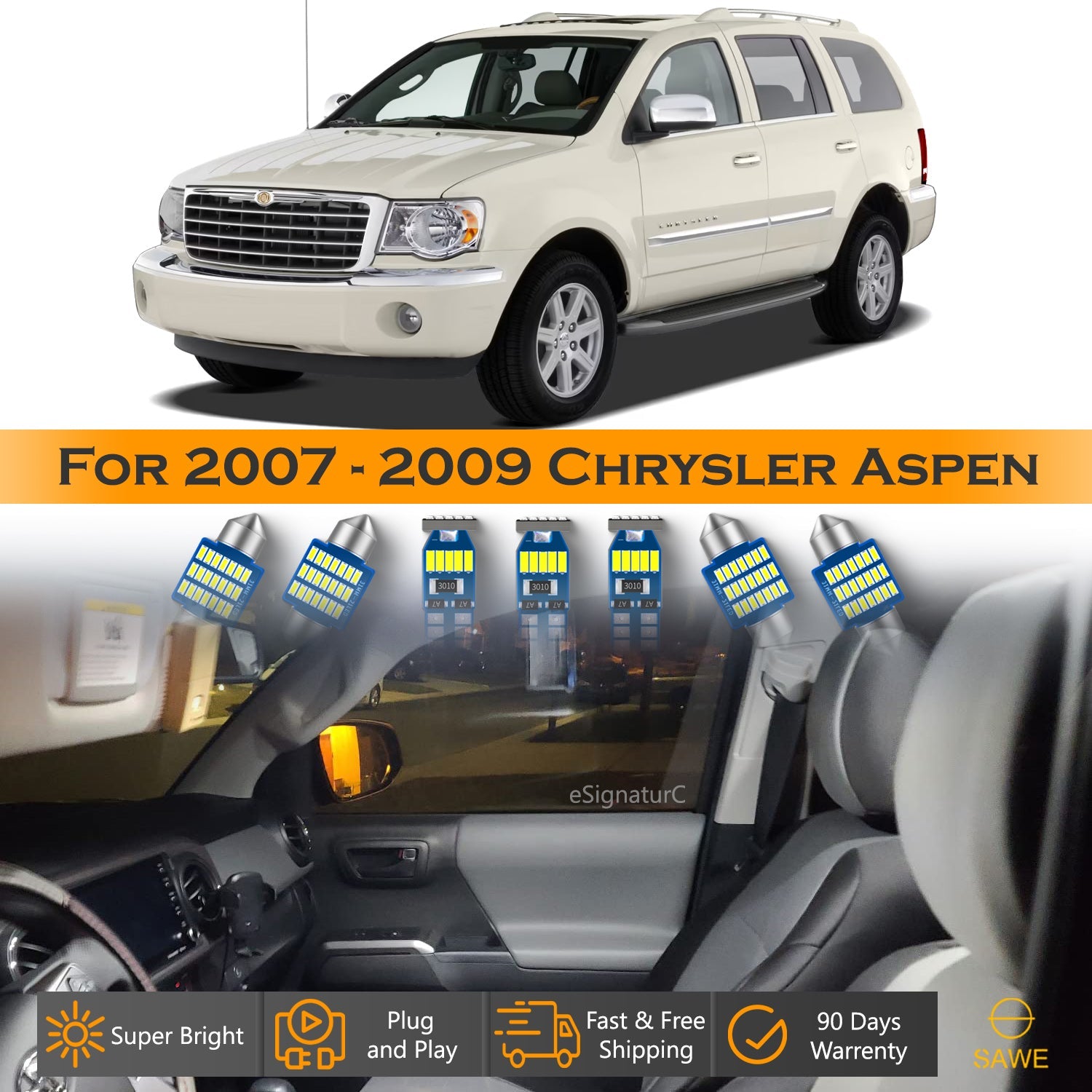 For Chrysler Aspen Interior LED Lights - Dome & Map Light Bulbs Package Kit for 2007 - 2009 - White SAWE Lighting