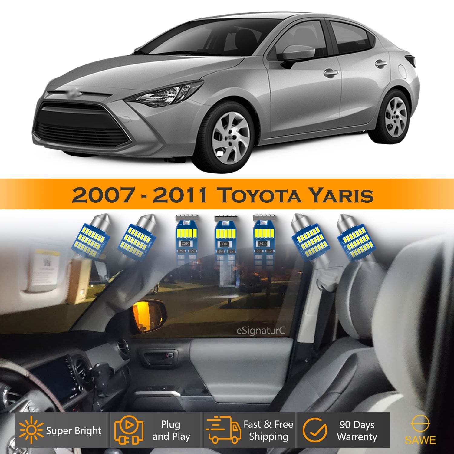 For Toyota Yaris Interior LED Lights - Dome & Map Lights Package Kit for 2007 - 2011 - White SAWE Lighting