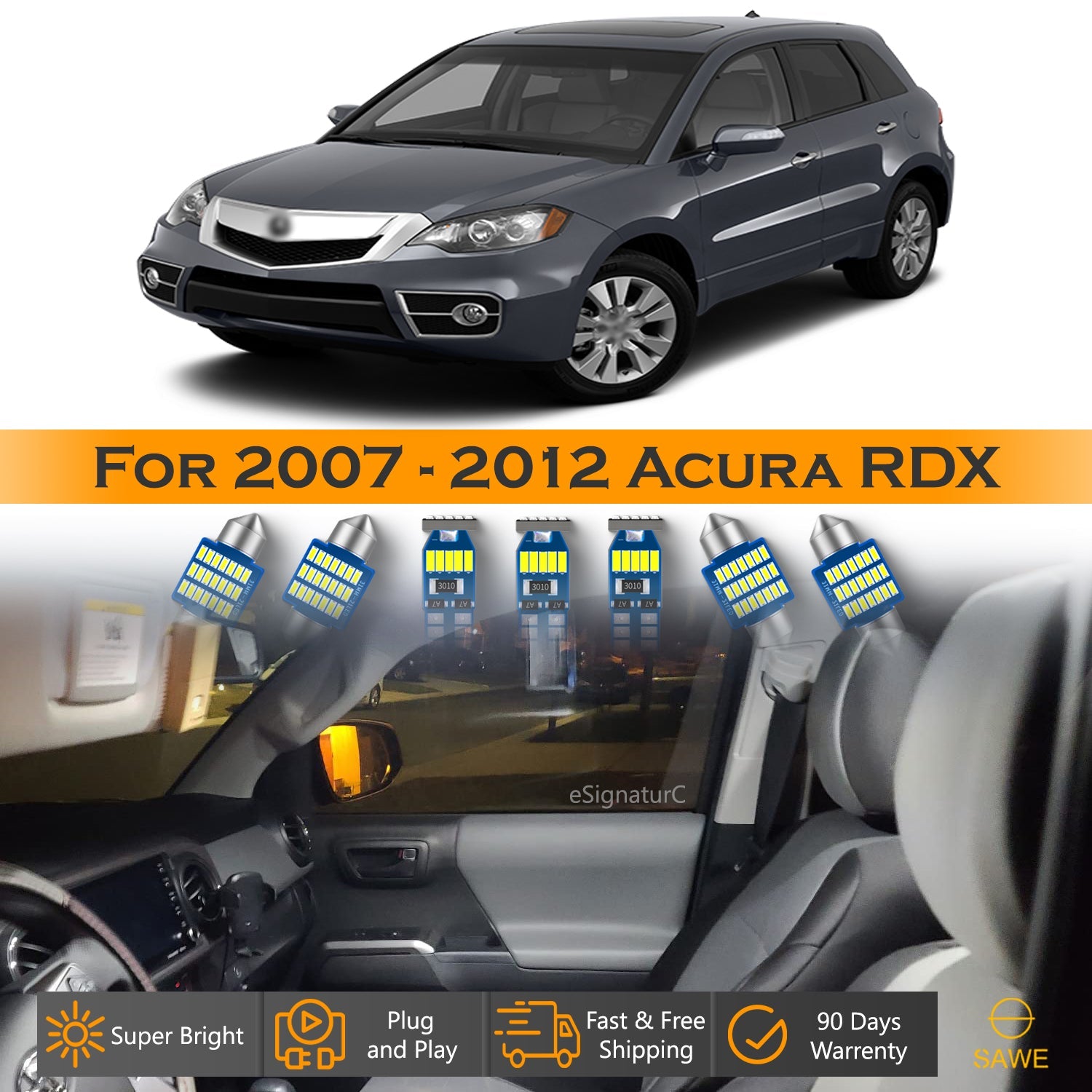 For Acura RDX Interior LED Lights - Dome & Map Light Bulbs Package Kit for 2007 - 2012 - White SAWE Lighting