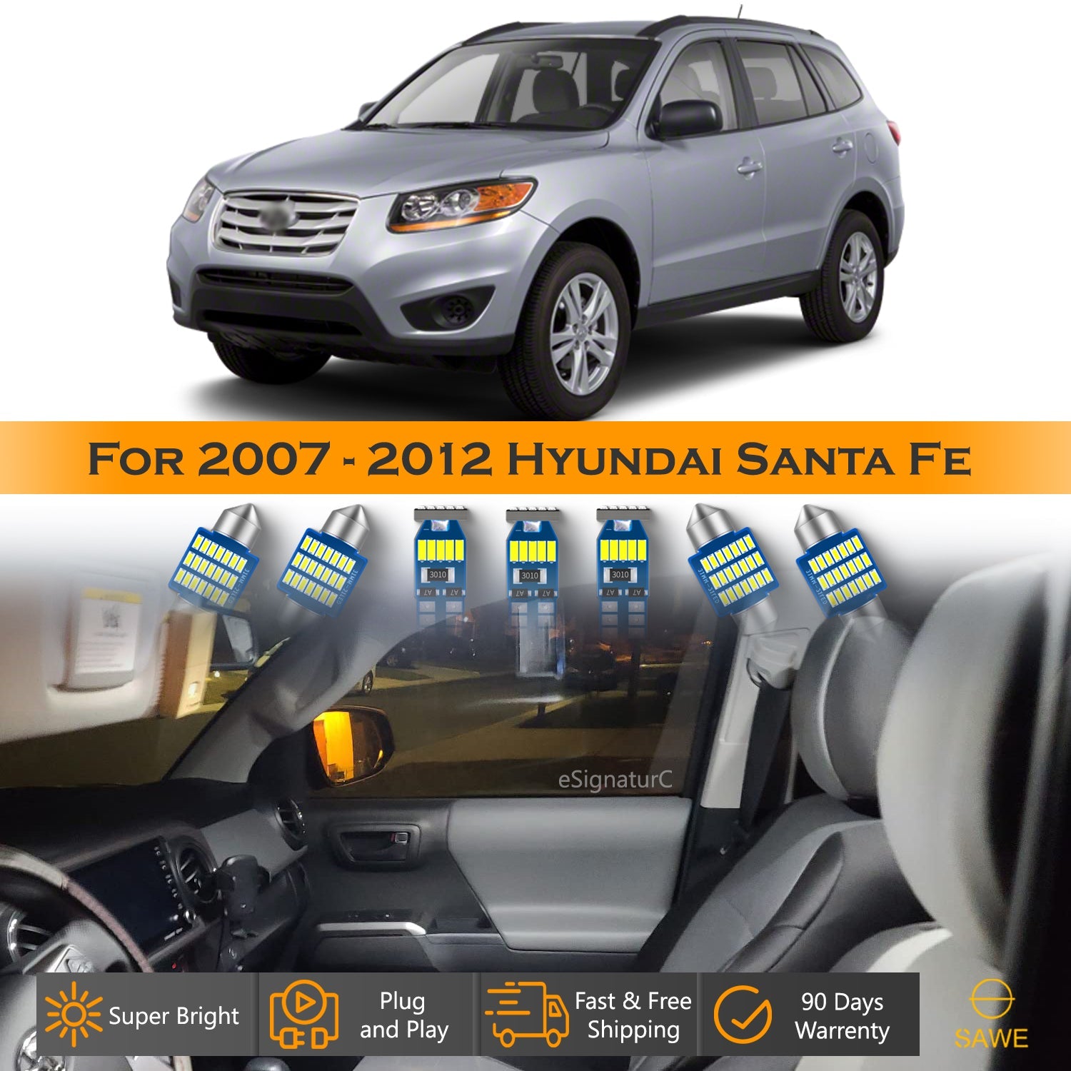 For Hyundai Santa Fe Interior LED Lights - Dome & Map Light Bulbs Package Kit for 2007 - 2012 - White SAWE Lighting