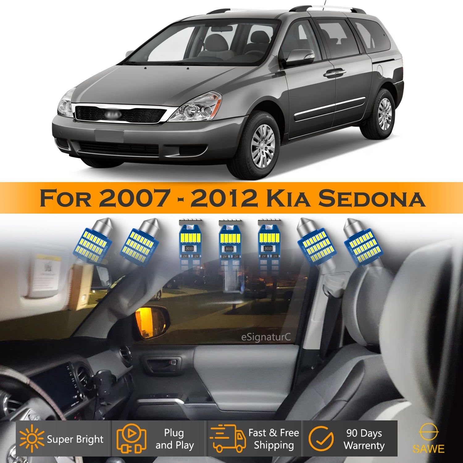 For Kia Sedona Interior LED Lights - Dome & Map Light Bulbs Package Kit for 2007 - 2012 - White SAWE Lighting