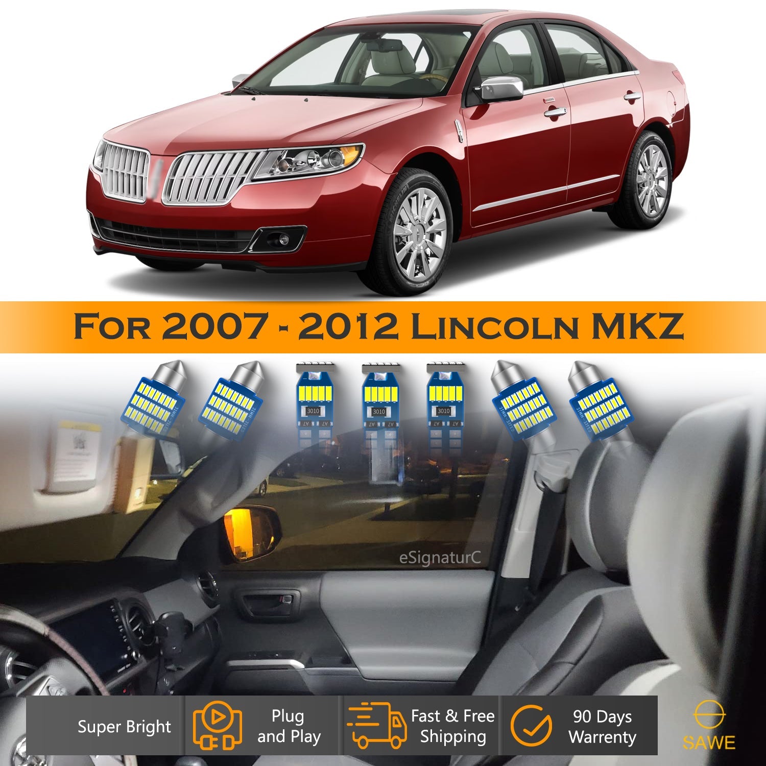 For Lincoln MKZ Interior LED Lights - Dome & Map Light Bulb Package Kit for 2007 - 2012 - White SAWE Lighting