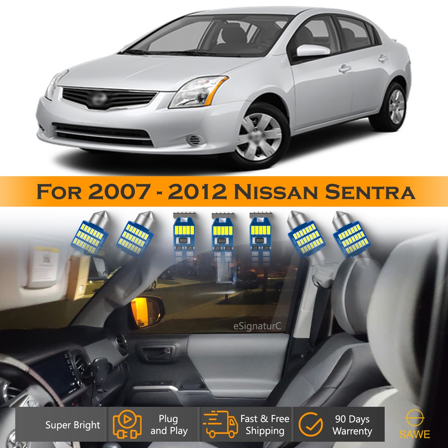 For Nissan Sentra Interior LED Lights - Dome & Map Light Bulbs Package Kit for 2007 - 2012 - White SAWE Lighting