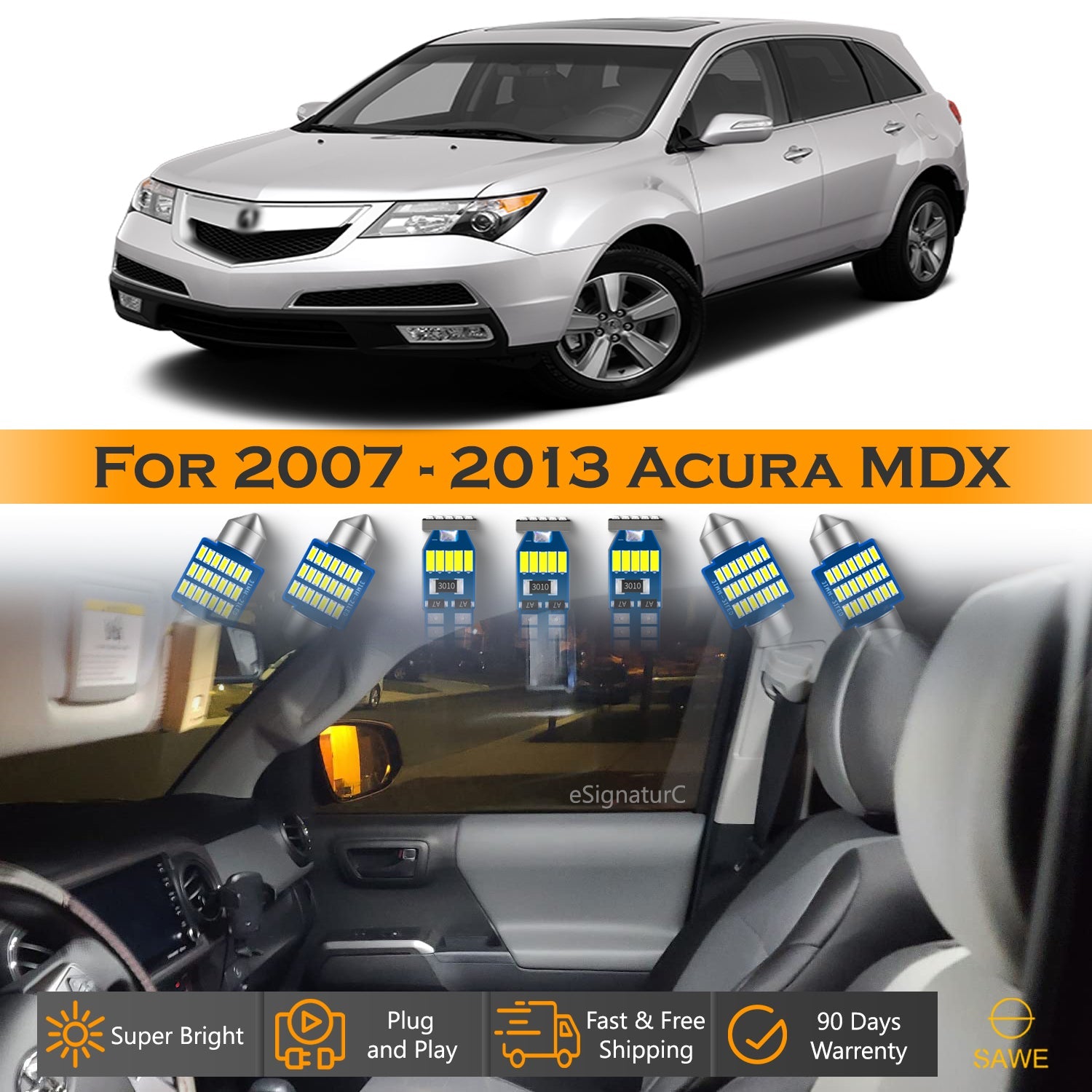 For Acura MDX Interior LED Lights - Dome & Map Light Bulbs Package Kit for 2007 - 2013 - White SAWE Lighting