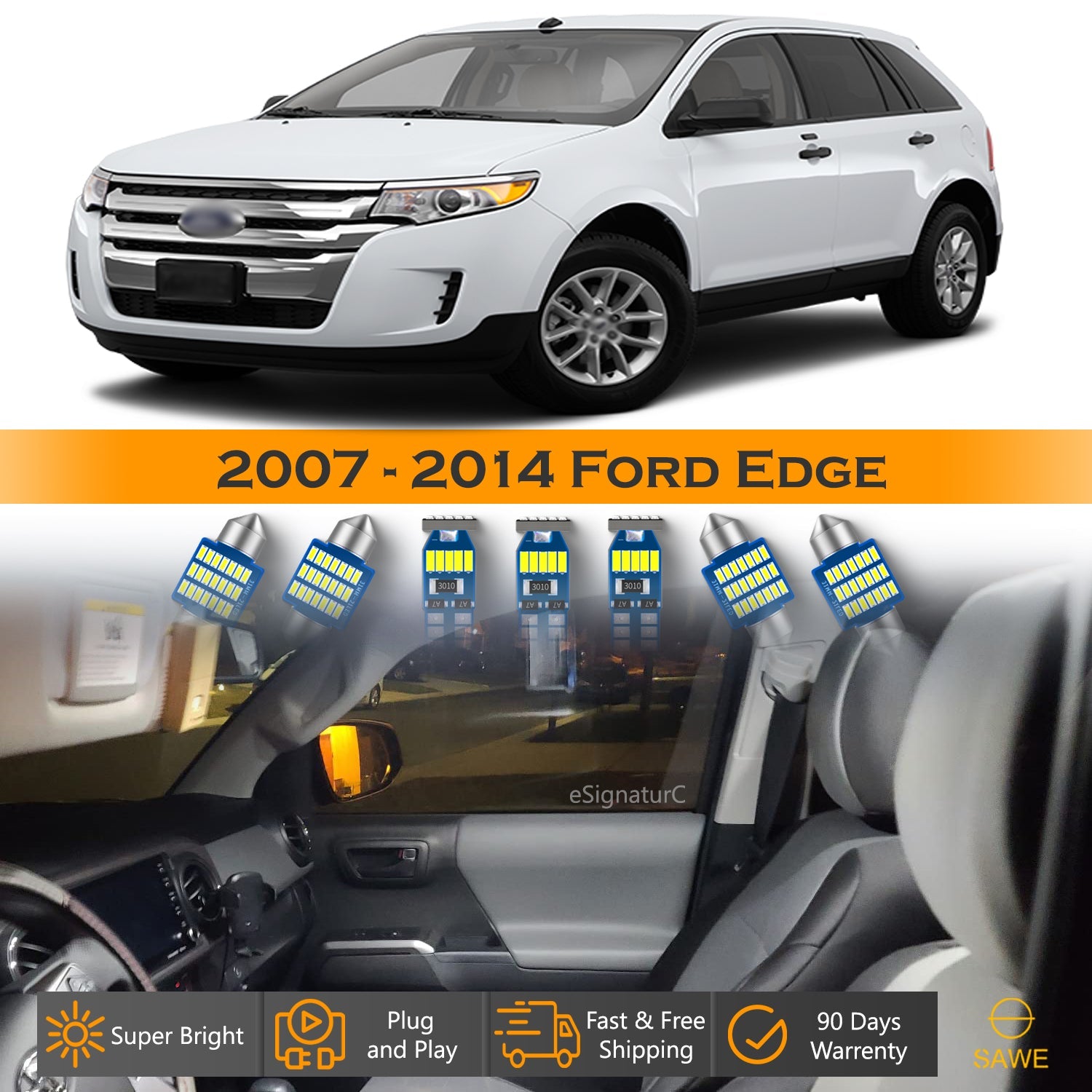 For Ford Edge Interior LED Lights - Dome & Map Light Bulbs Package Kit for 2007 - 2014 - White SAWE Lighting