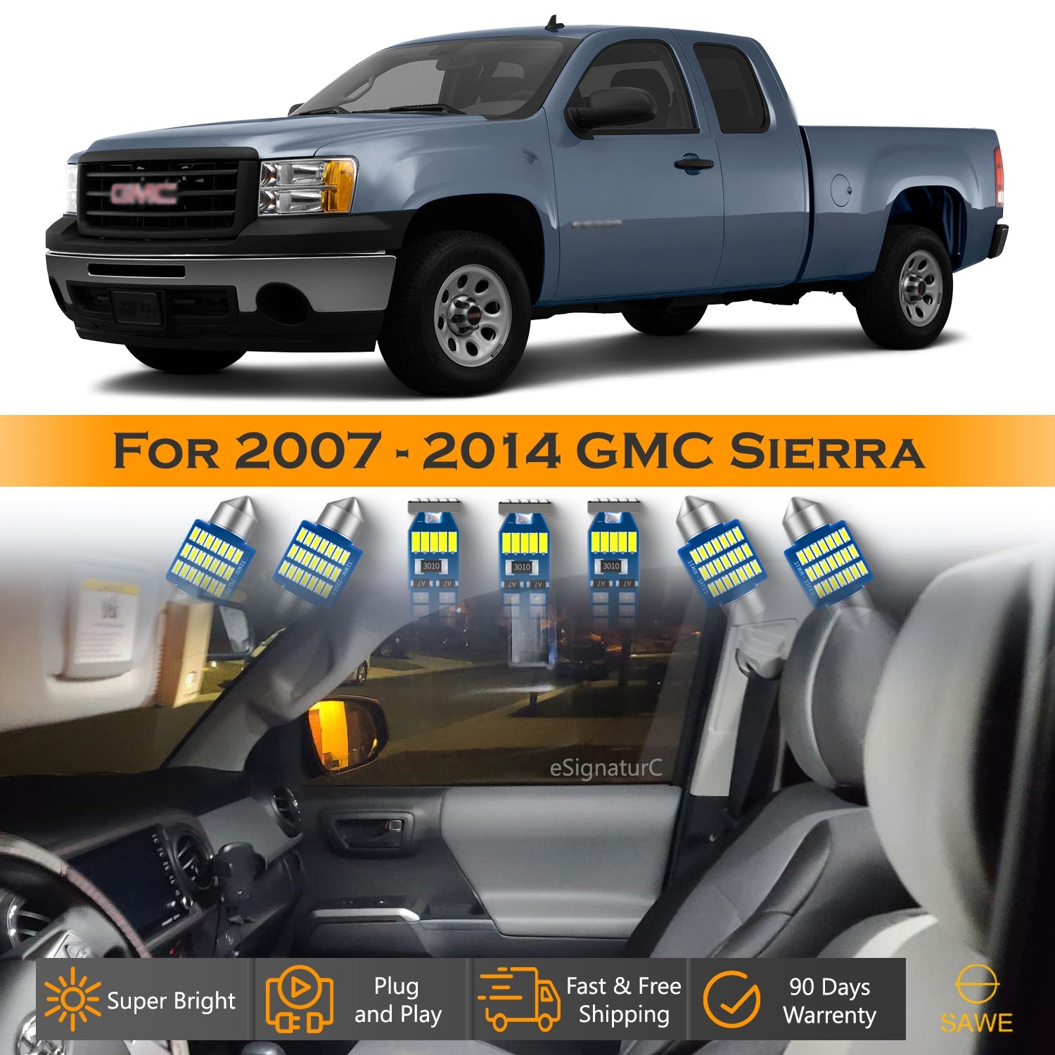 For GMC Sierra Interior LED Lights - Dome & Map Light Bulbs Package Kit for 2007 - 2014 - White SAWE Lighting