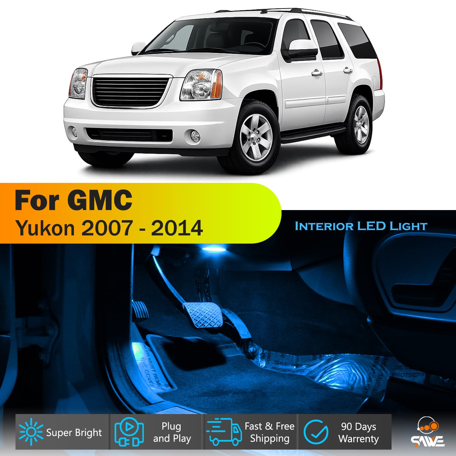 SAWE For GMC Yukon Interior LED Lights Bulb Replacement Kit (2007 - 2014) – Dome, Map, Trunk, License Plate – Red | Green | Ice Blue | Pink | Blue Upgrade Kit (14 Bulbs) SAWE Lighting