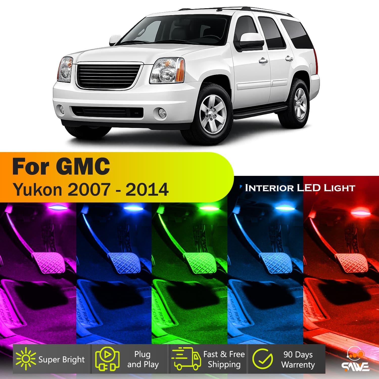 SAWE For GMC Yukon Interior LED Lights Bulb Replacement Kit (2007 - 2014) – Dome, Map, Trunk, License Plate – Red | Green | Ice Blue | Pink | Blue Upgrade Kit (14 Bulbs) SAWE Lighting