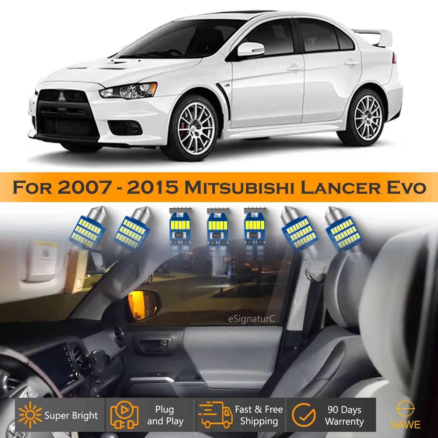 For Mitsubishi Lancer Evolution Interior LED Lights - Dome & Map Light Bulb Package Kit for 2007 - 2015 - White SAWE Lighting