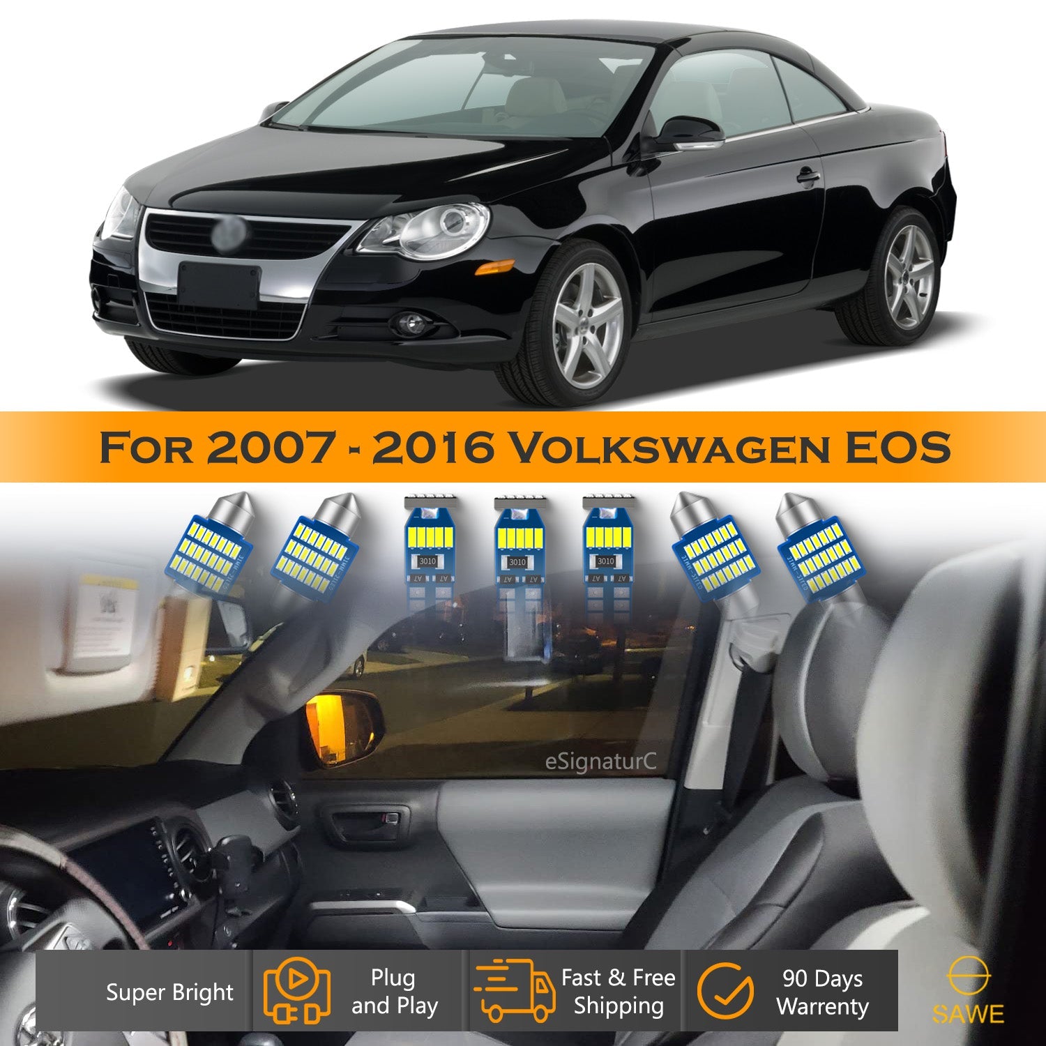 For Volkswagen EOS Interior LED Lights - Dome & Map Light Bulbs Package Kit for 2007 - 2016 - White SAWE Lighting