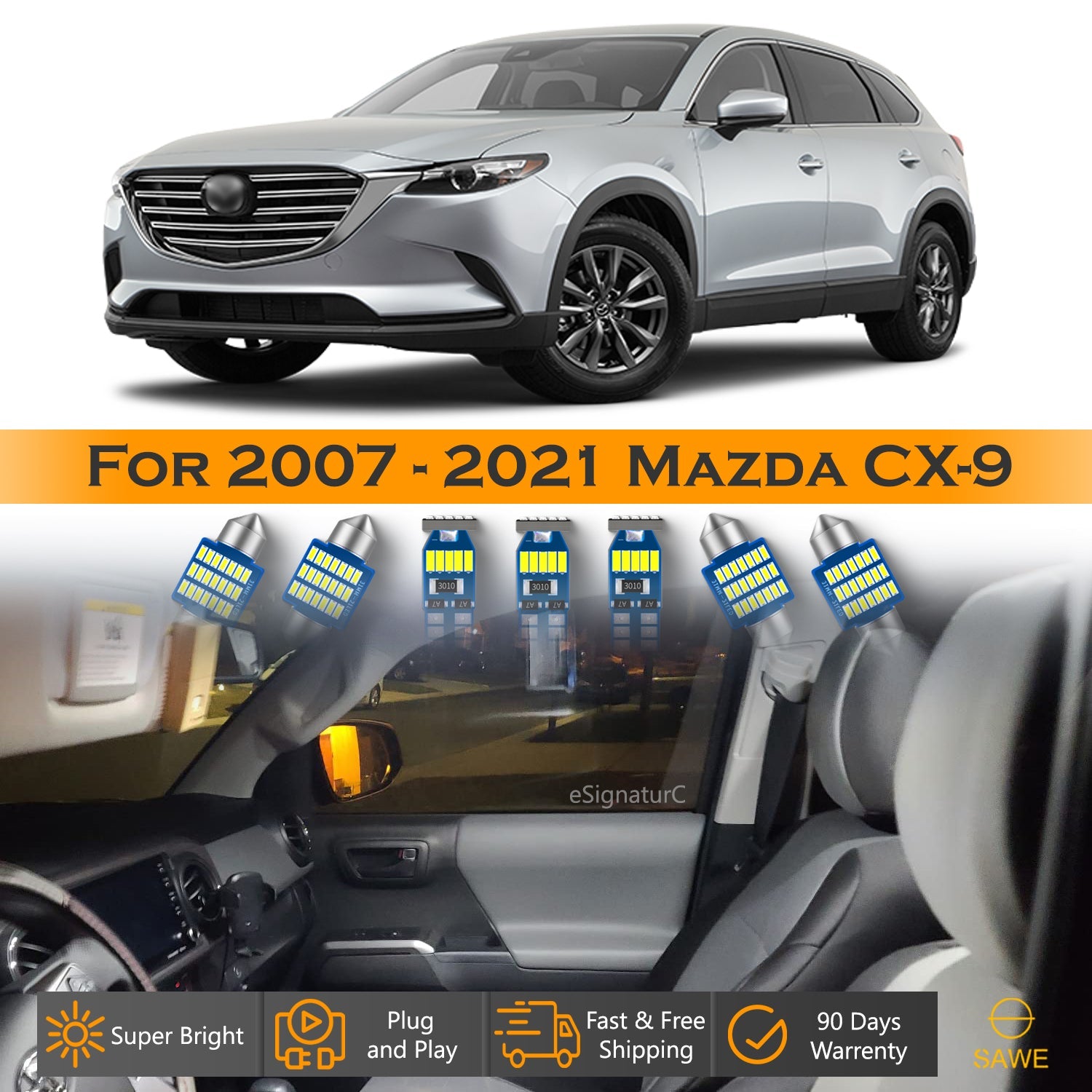 For Mazda CX9 CX-9 Interior LED Lights - Dome & Map Light Bulbs Package Kit for 2007 - 2021 - White SAWE Lighting