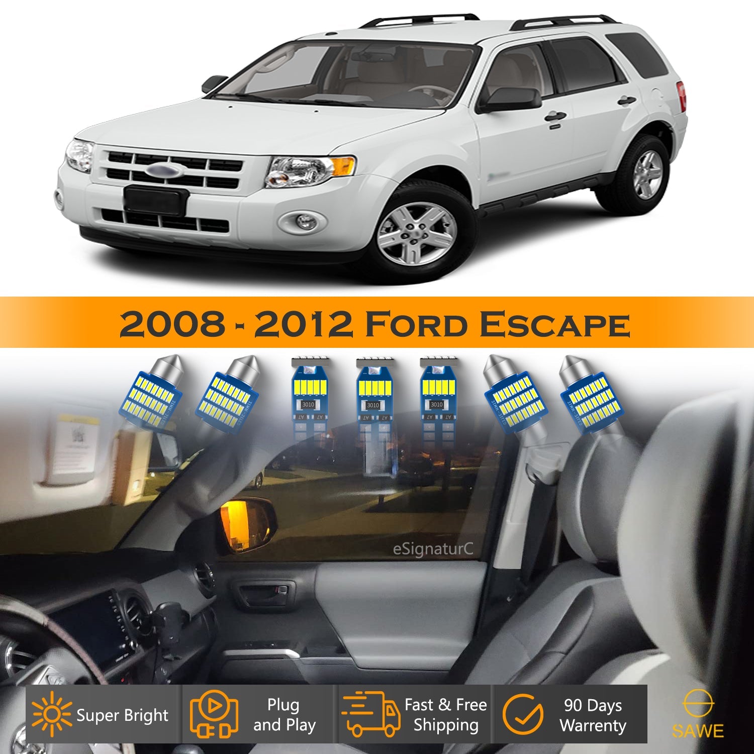 For Ford Escape Interior LED Lights - Dome & Map Light Bulbs Package Kit for 2008 - 2012 - White SAWE Lighting