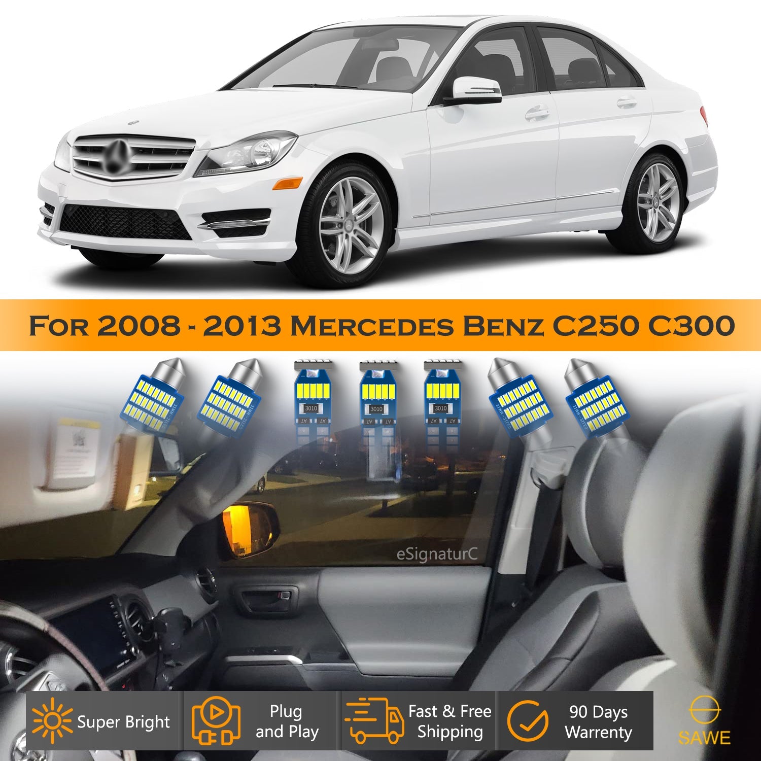 For Mercedes Benz C250 C300 Interior LED Lights - Dome & Map Light Bulb Package Kit for 2008 - 2013 - White SAWE Lighting