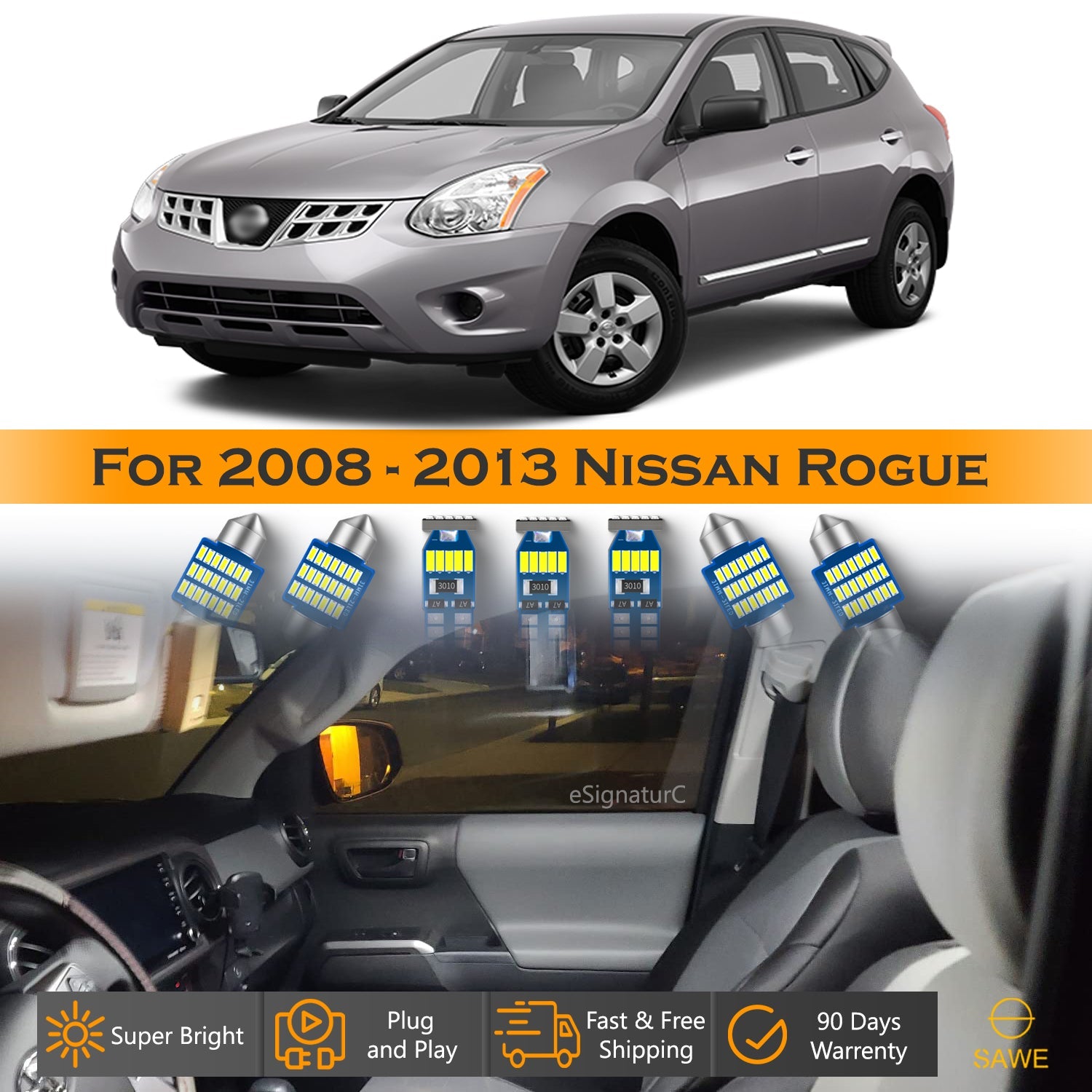 For Nissan Rogue Interior LED Lights - Dome & Map Light Bulbs Package Kit for 2008 - 2013 - White SAWE Lighting