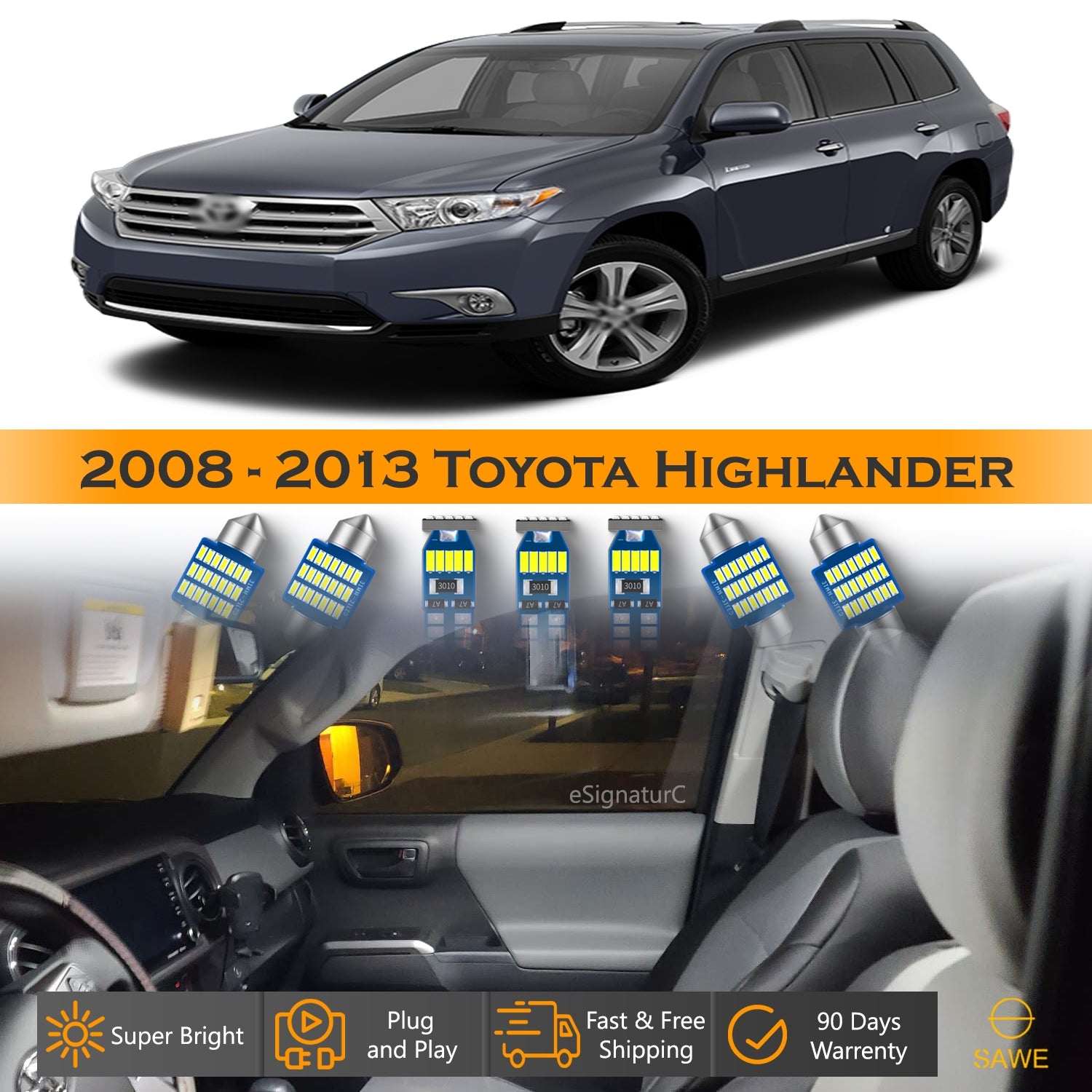 For Toyota Highlander Interior LED Lights - Dome & Map Lights Package Kit for 2008 - 2013 - White SAWE Lighting
