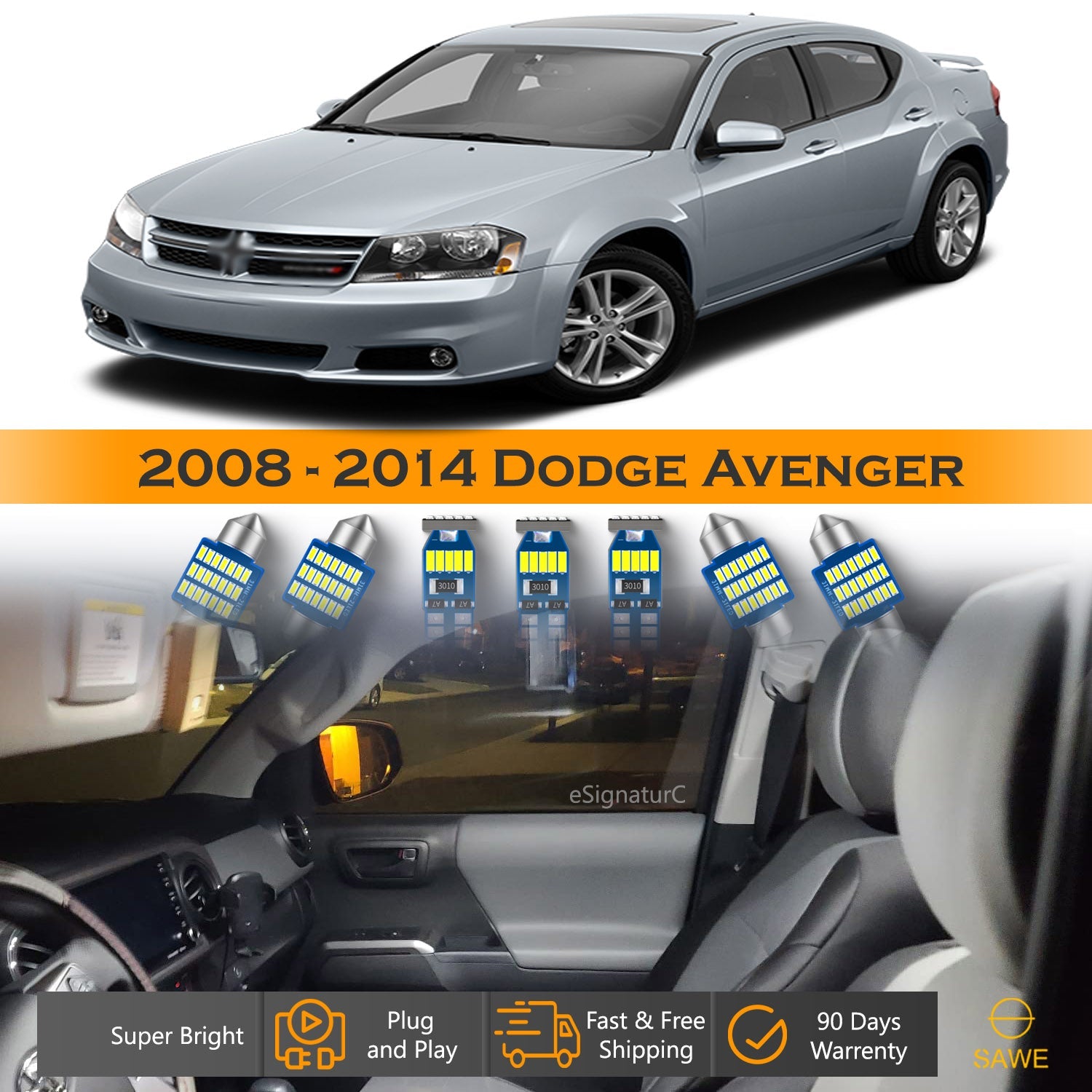 For Dodge Avenger Interior LED Lights - Dome & Map Lights Package Kit for 2008 - 2014 - White SAWE Lighting